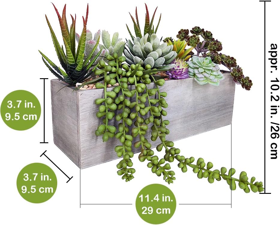 Supla Artificial Potted Succulents Plants Arrangement Fake Succulent Plants in Rectangular Wooden Pot Arrangement for Table Centerpiece Windowsill