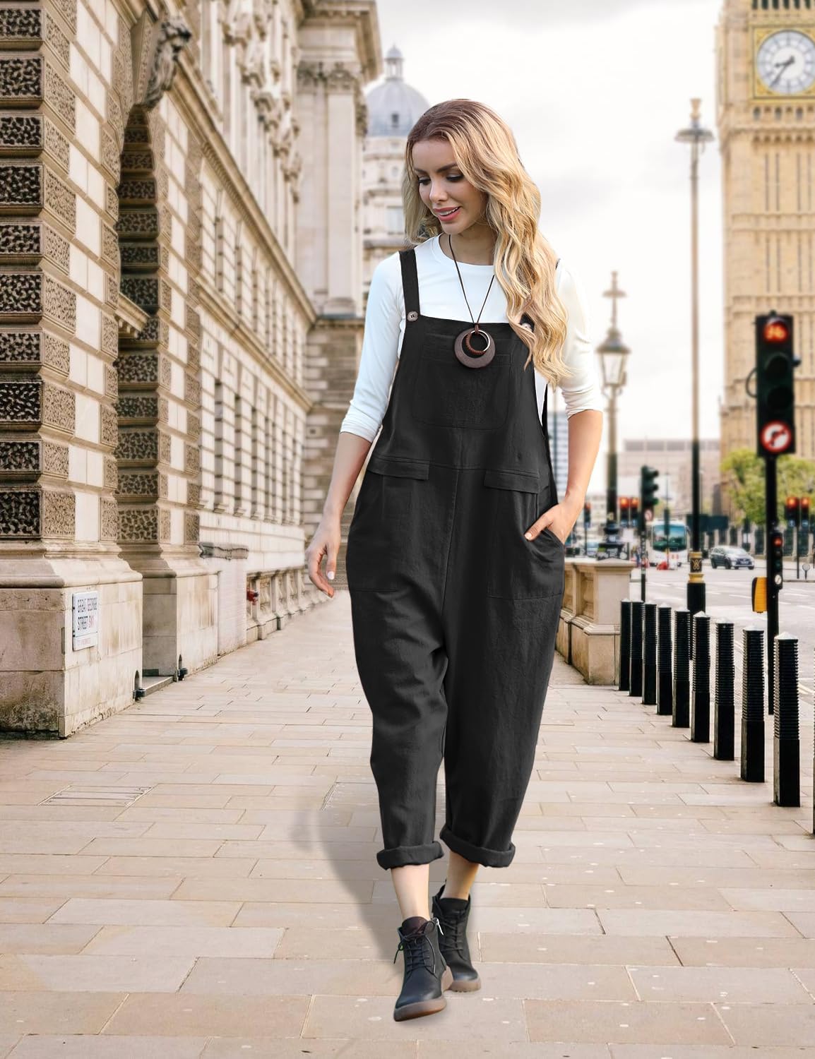 YESNO Women Long Casual Loose Bib Pants Overalls Baggy Rompers Jumpsuits with Pockets PV9