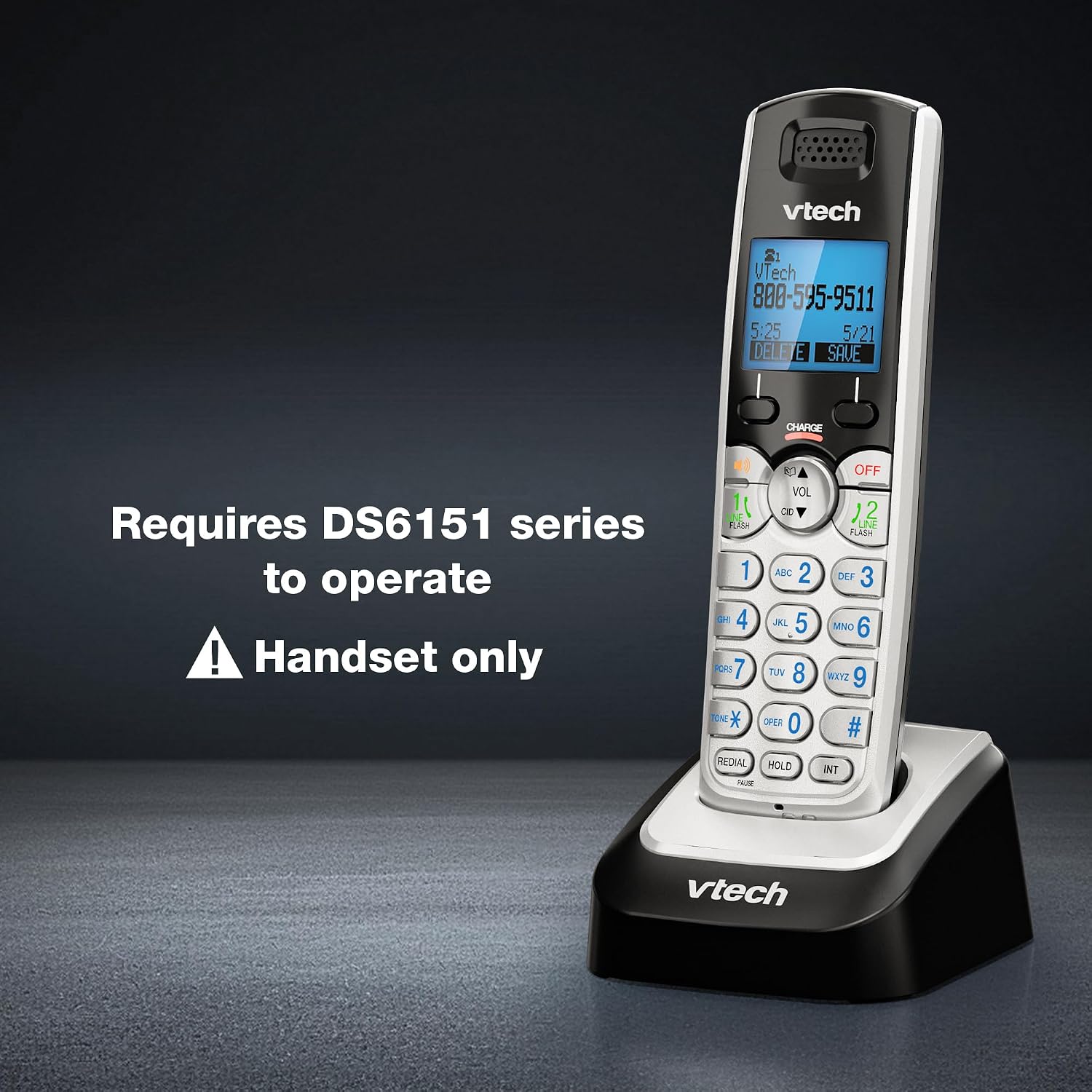 VTech DS6101 Accessory Handset for DS6151 Series, Black/Silver | 2-Line Cordless Phone, Answering System, Expandable up to 12 Handsets, Intercom & Conference