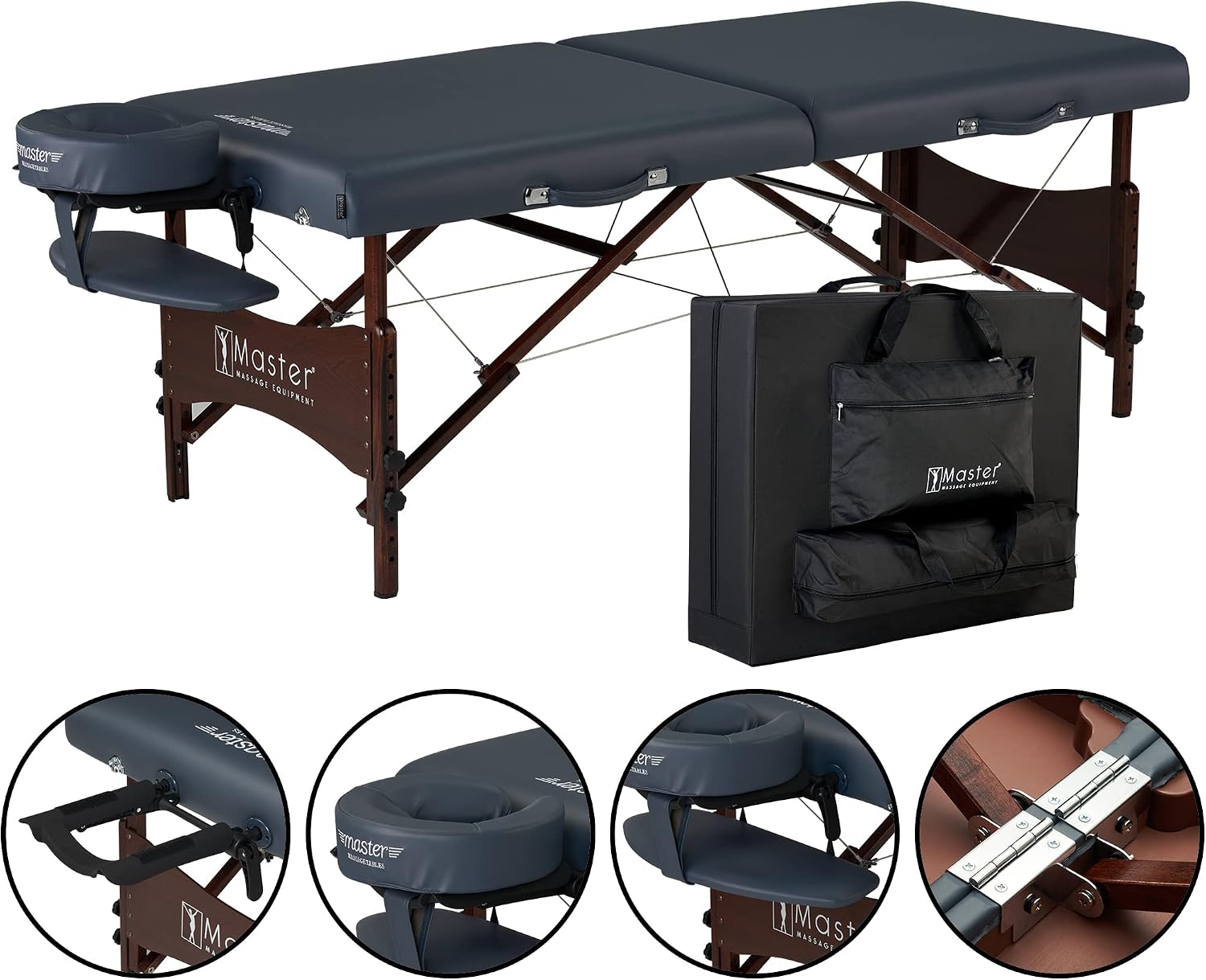 Master Massage Newport Portable Massage Table Package with Denser 2.5" Cushion, Walnut Stained Hardwood, Steel Support Cables, Pillows & Accessories, Royal Blue, 30"