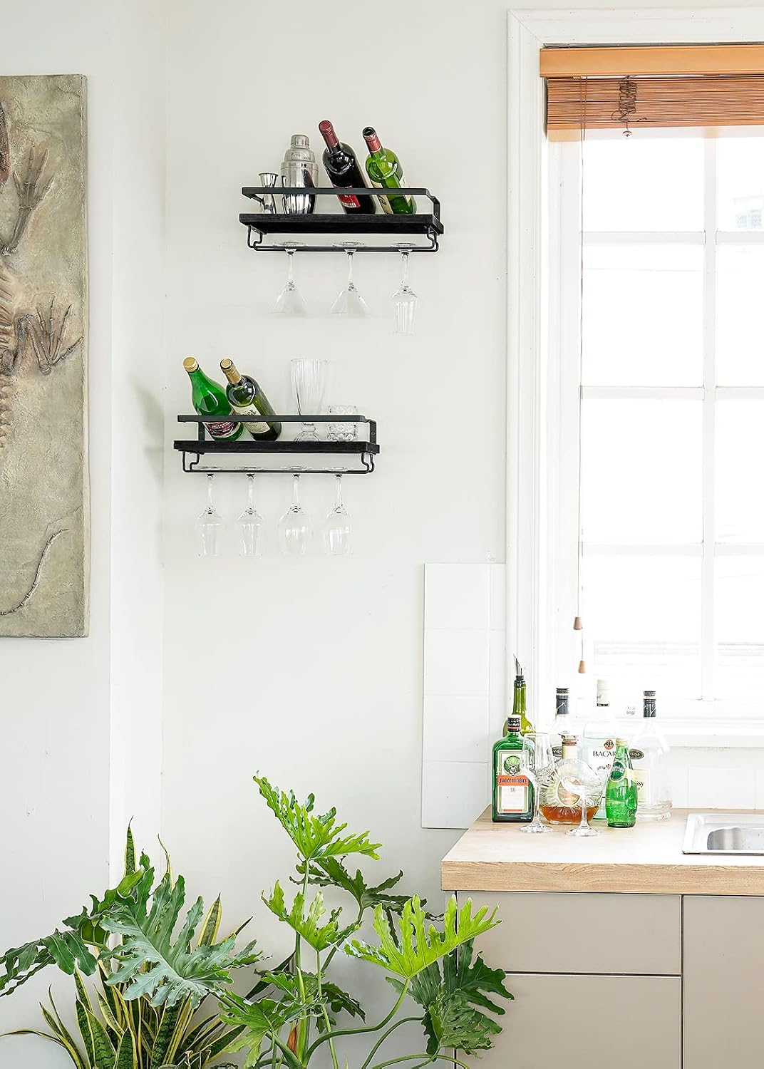 Mkono Wall Mounted Wine Rack Set of 2 Wood Rustic Wine Bottle Glass Floating Shelves with Stemware Hanger Modern Plants Photos Wine Display Storage