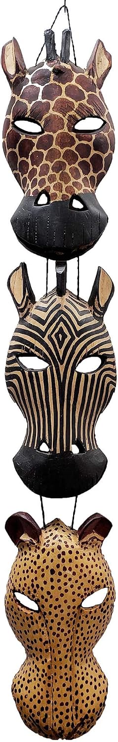 African Masks Wall Hanging Art Hand Carving Safari Décor Wall Head Sculpture Wild Animal Faces Strung Together For A Majestic Display (4A Face)