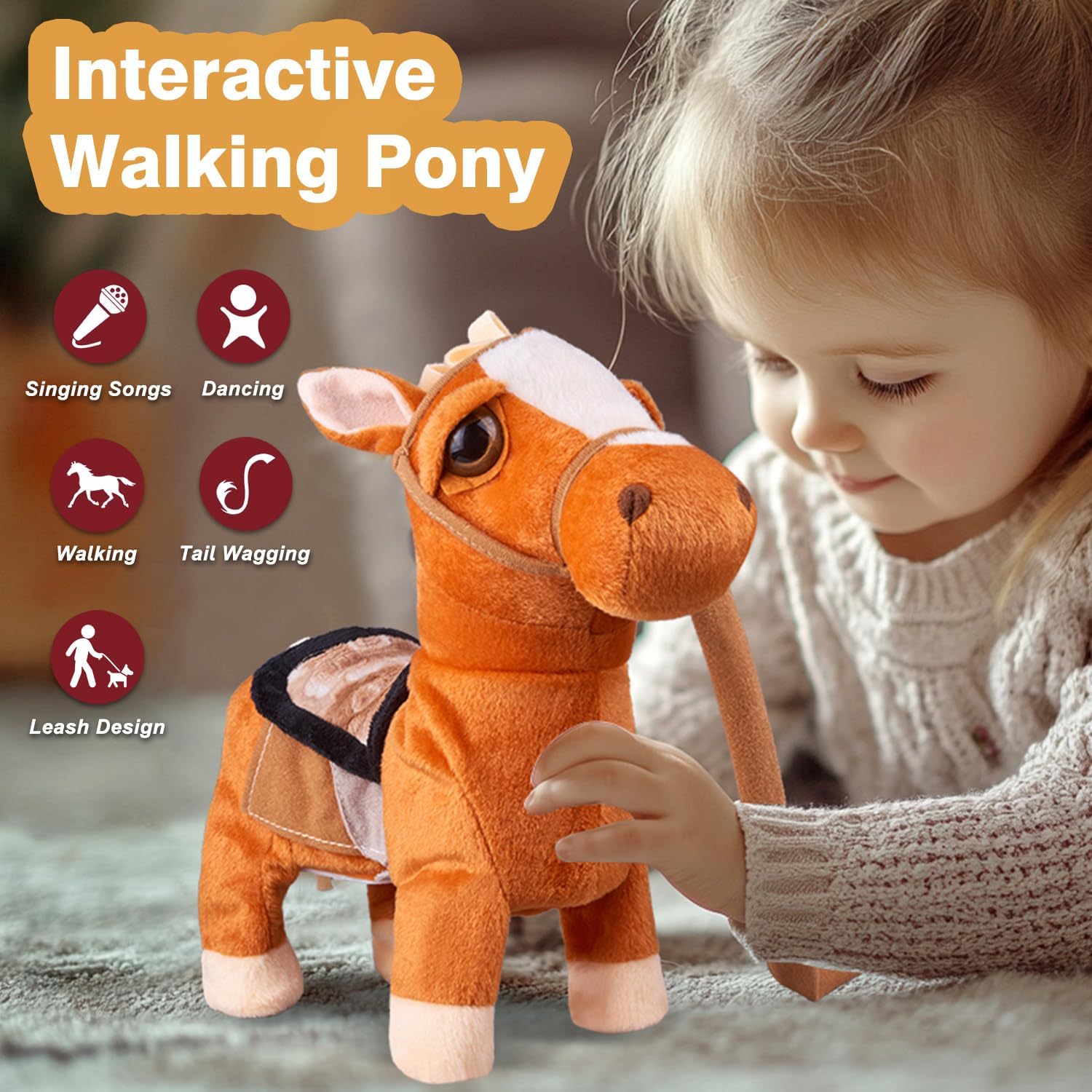 Marsjoy Walking Pony Toy Musical Singing Dancing Plush Interactive Pony Walk Along Horse with Leash Plush Stuffed Animal Shaking Head Buttocks Toy