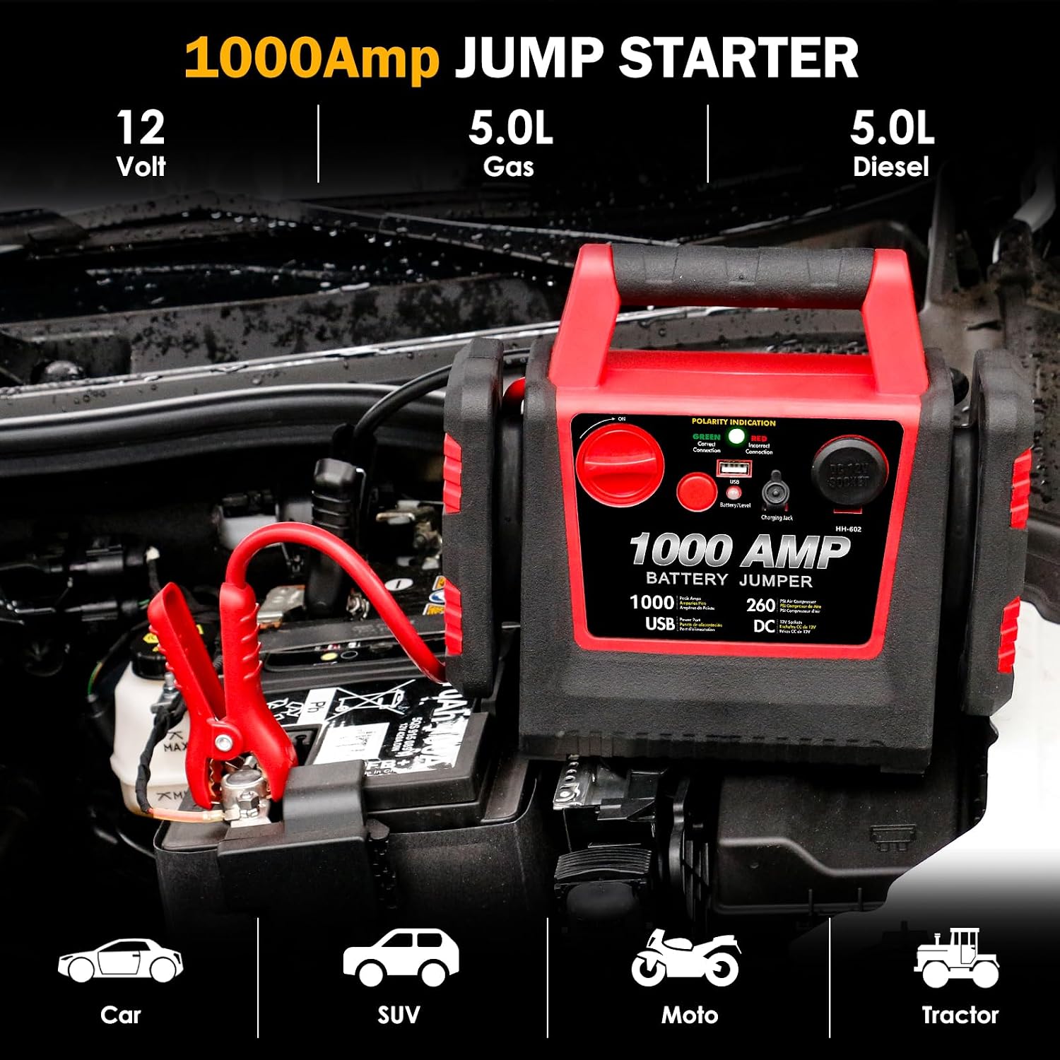 Car Battery Jump Starter-1000Amp 12V Lead-Acid Battery Jump Box with 260PSI Air Compressor, 10000 mAh Portable Power Station