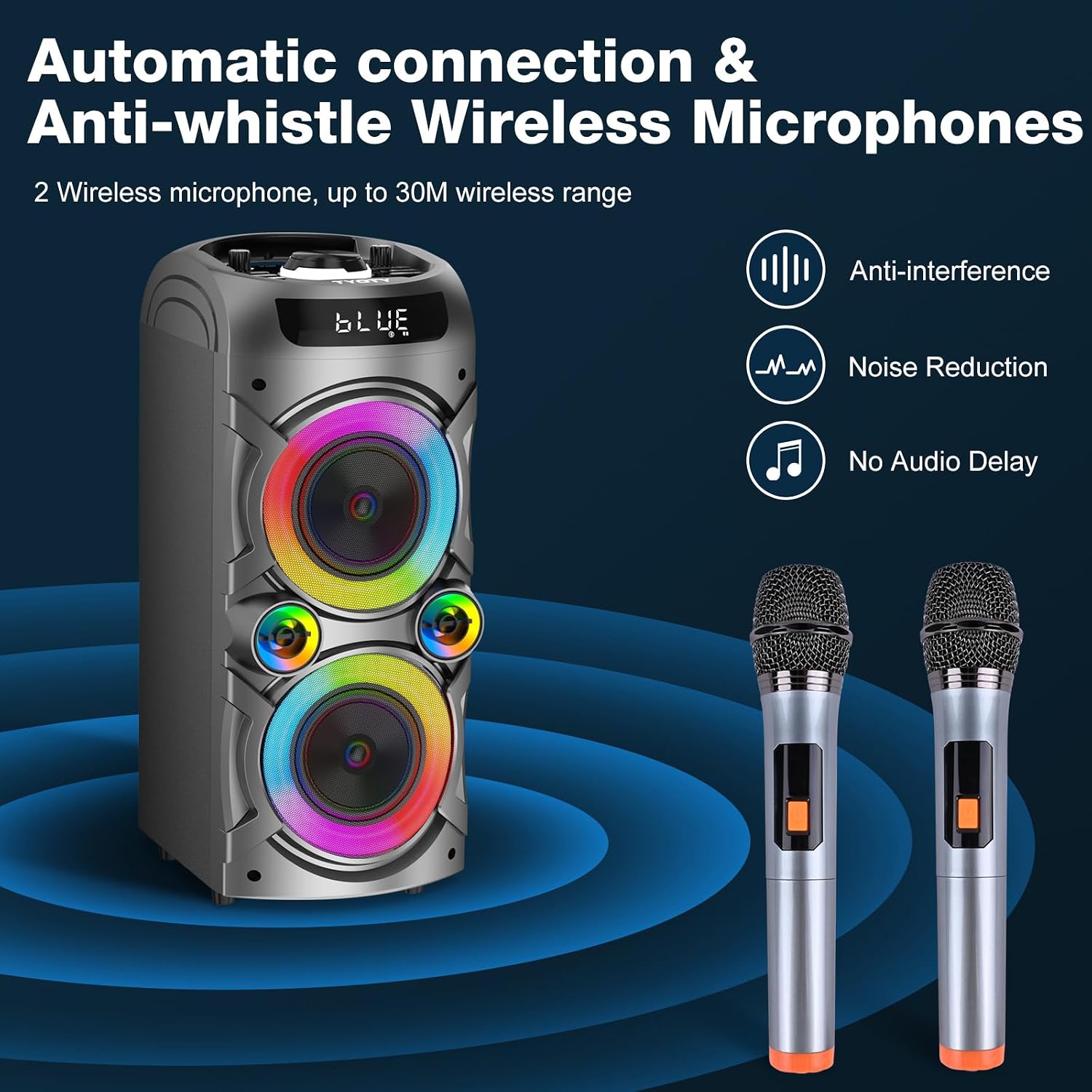 Karaoke Machine with 2 Wireless Microphones, Portable PA System Big Bluetooth Speaker with LED Lights, Remote Control Support Bass/Treble Adjustment