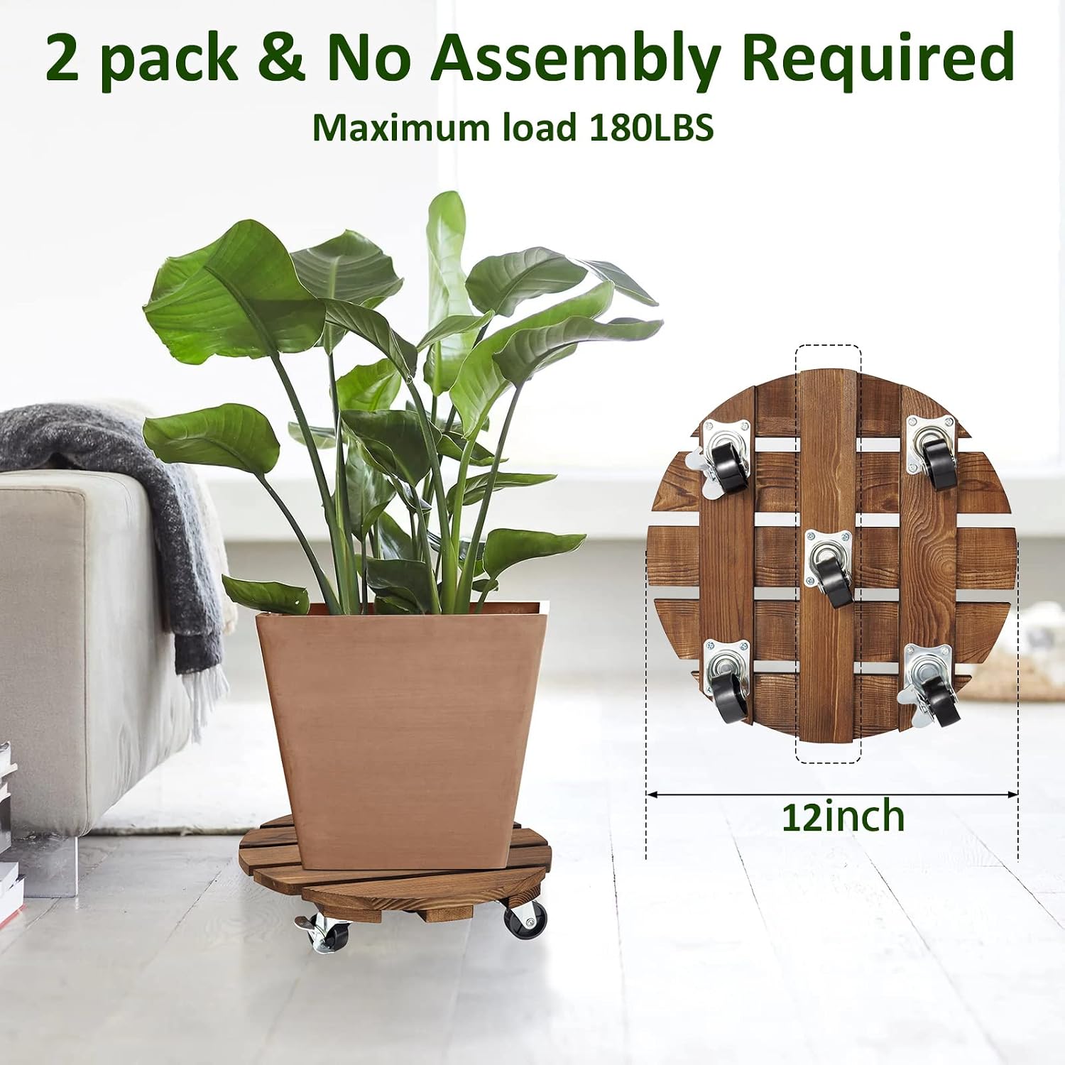 Yangbaga 2pack Plant Caddy 12’’Wood Duty Rolling Plant Stand with 2 360° Lockable Caster Wheels