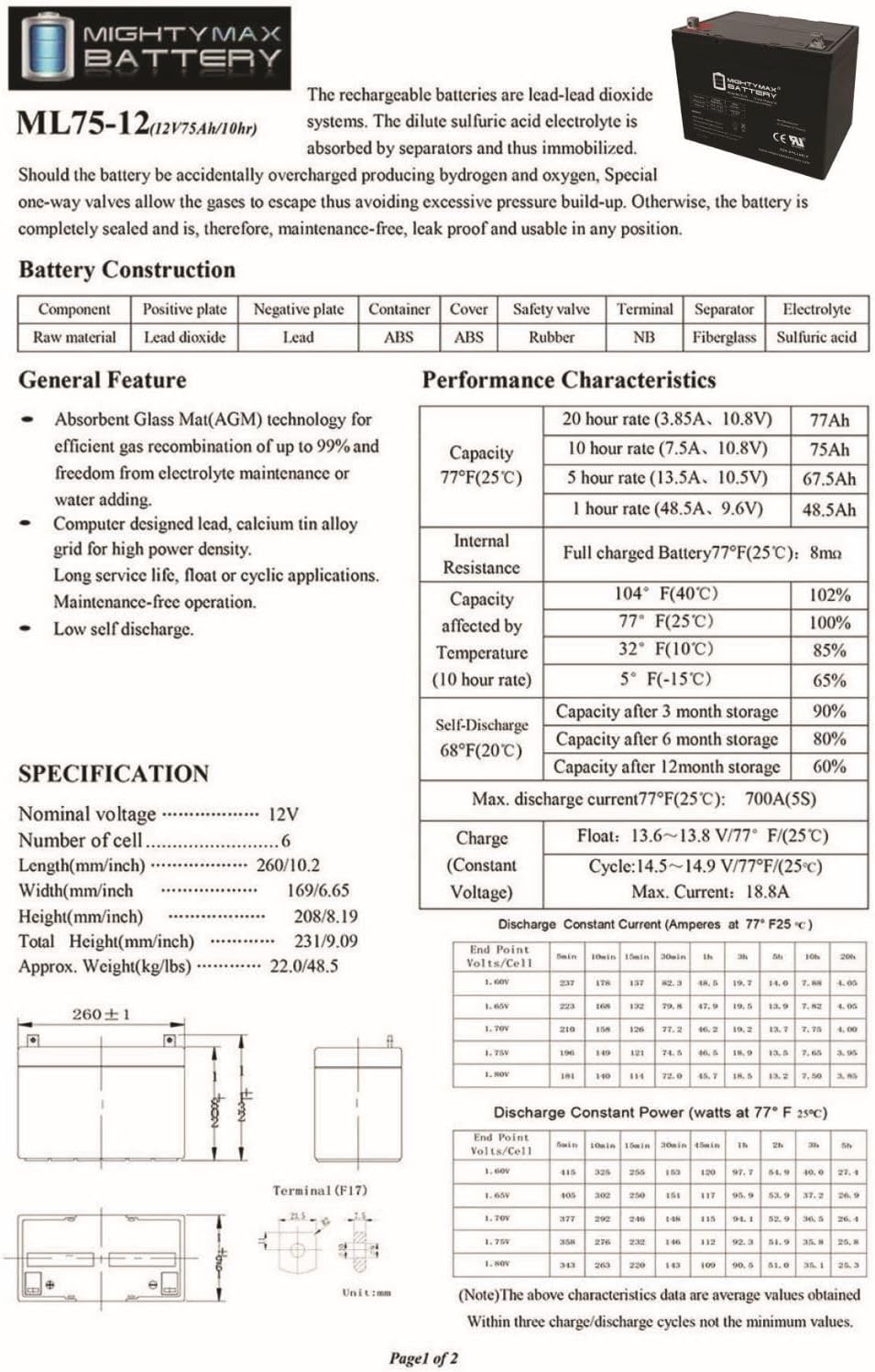 ML55-12 - 12 Volt 55 AH, Nut and Bolt (NB) Terminal, Rechargeable SLA AGM Battery