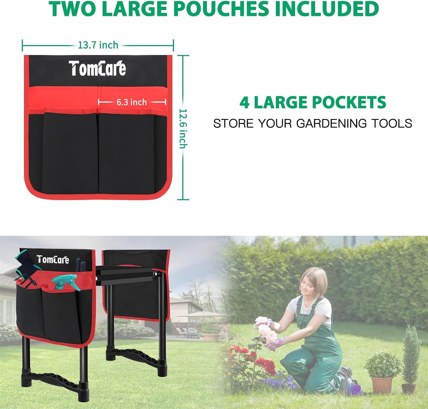 TomCare Garden Kneeler and Seat, 11.12" Kneeling Pad Sturdy Garden Bench | Heavy Duty Garden Stool, 450 lbs Load Capacity, 2 Tool Pouches, Foldable Design, Gardening Gift for Women, Men and Gardeners