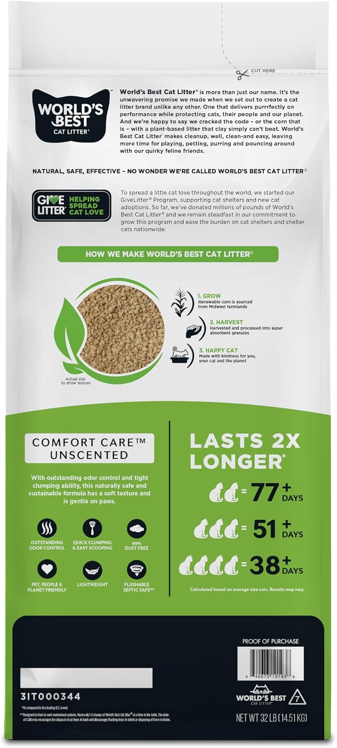 World's Best Cat Litter, Comfort Care, Unscented, Odor Control, 8 lb Bag | Gentle odor control for sensitive cats and lasts 2x longer; natural corn litter, quick clumping, flushable, 99% dust free
