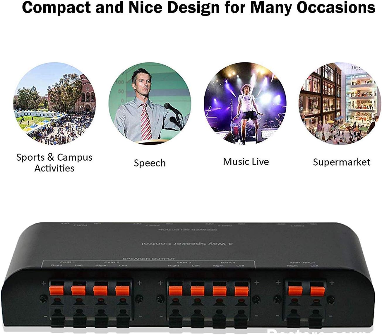 4-Channel Speaker Switcher Selector Box with Terminal Claps 200W RMS Max 100W Switchable, Black