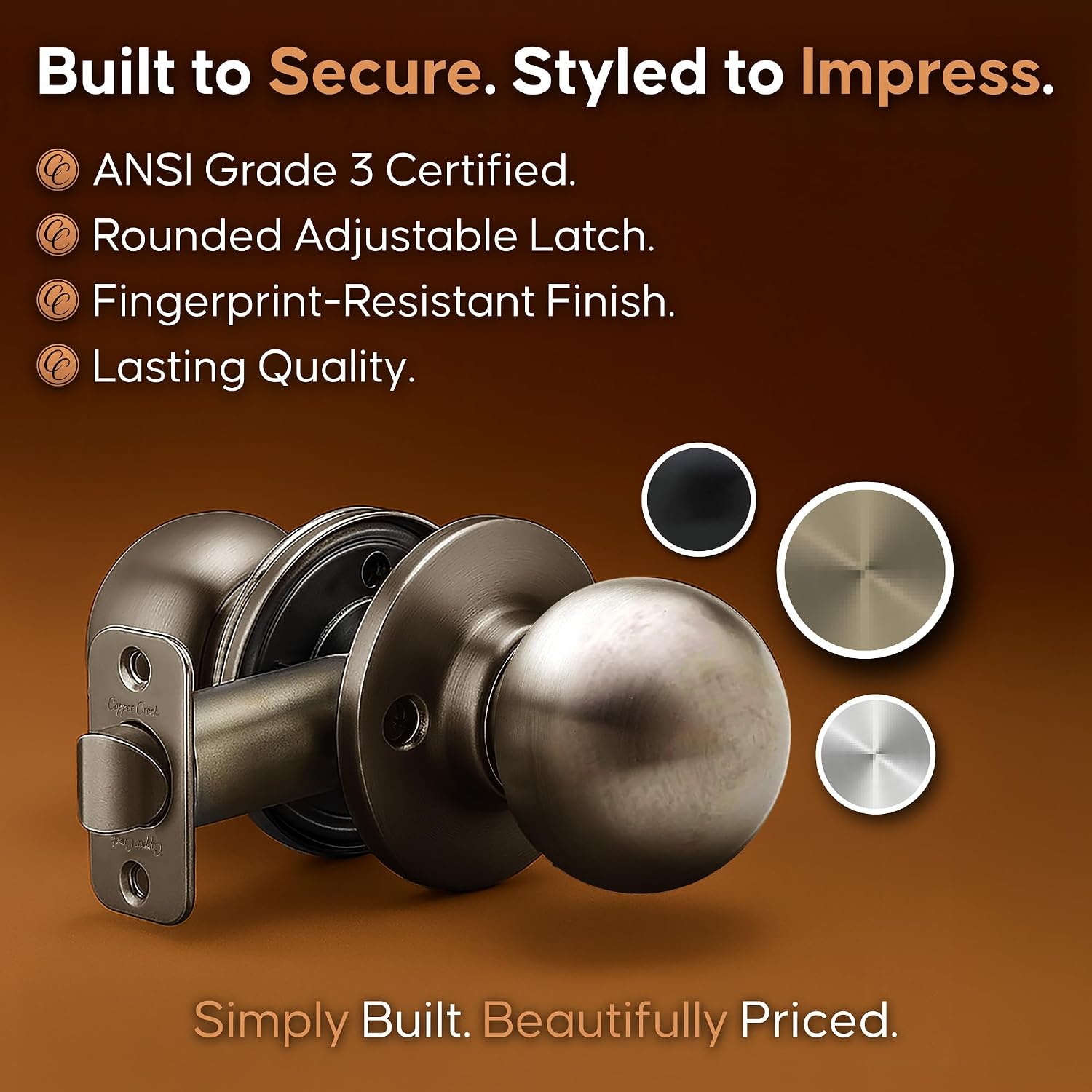 Copper Creek Privacy Interior Door Knob – ANSI Grade-3 Certified, Modern Heavy Duty Handle, Easy Install and Reversible for Bedroom, Bathroom & Closets – Satin Stainless (1 Pack)