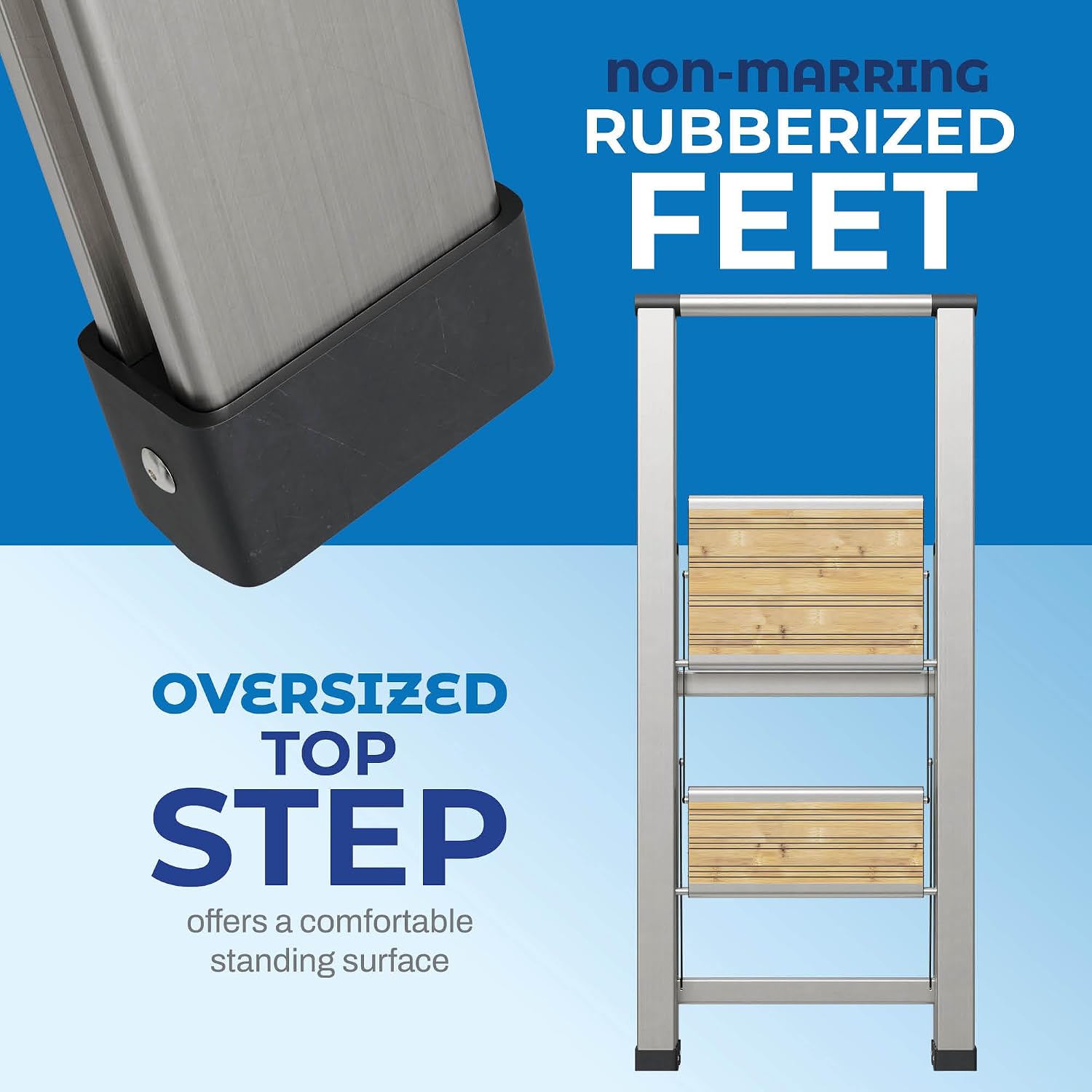 Step Ladder 2 Step Folding, Decorative - Beautiful Bamboo & Silver Aluminum, Ultra Slim Profile, Anti Slip Steps, Sturdy-Portable for Home, Office