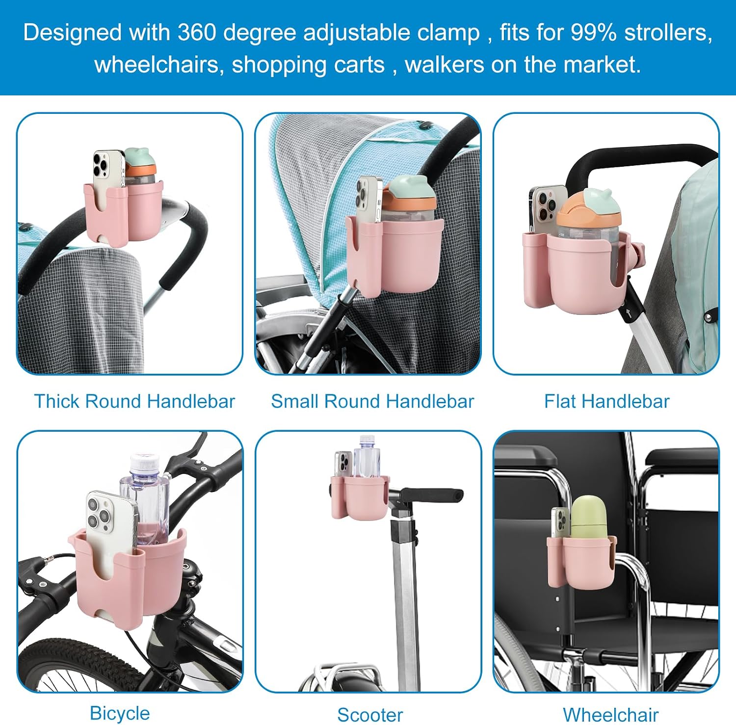 Accmor Stroller Cup Holder with Phone Holder, Bike Cup Holder, Universal Cup Holder for Uppababy Nuna Strollers, 2-in-1 Drinks Holder for Walker
