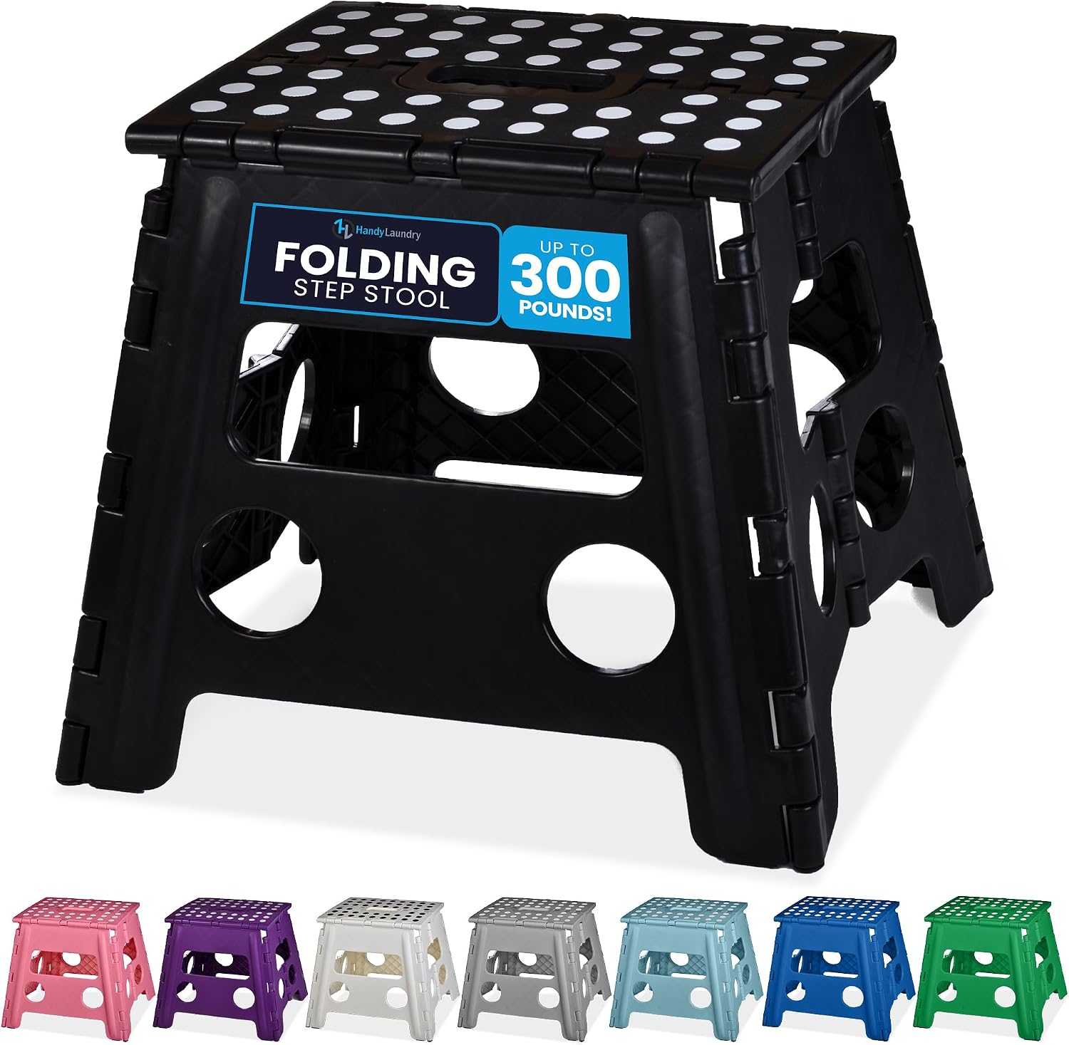 Handy Laundry Folding Step Stool 9 Inch, Black, Non-Slip Holds 300 lbs | 9 Inch, Black, Foldable Collapsible Step Stool, Non-Slip, Holds 300 lbs, Kitchen Bathroom Bedroom, Adults