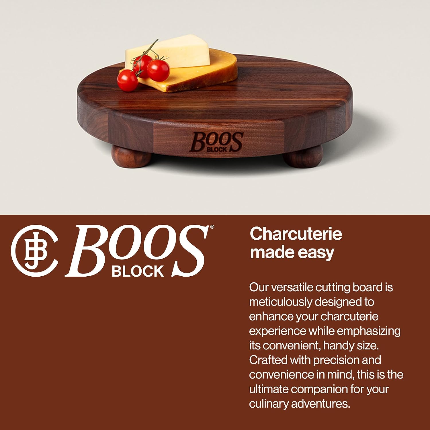 John Boos B Series Round Wooden Maple Cutting Board 12”x12” – 1.5” Thick, 12-lb Non-Reversible Butcher Block with Wood Bun Feet & Edge-Grain