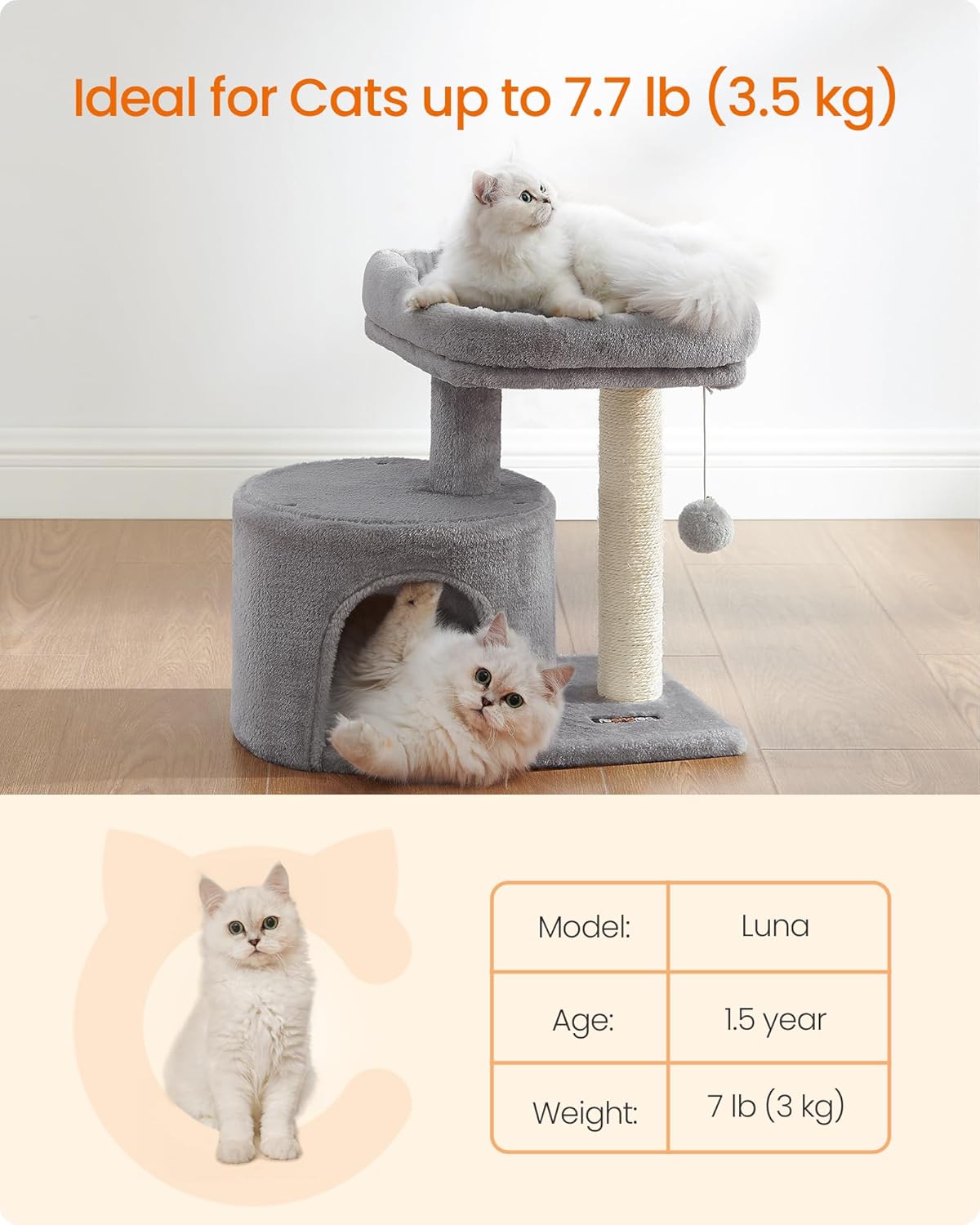 Feandrea Cat Tree, 18.5-in Small Cat Tower, Cute Kittens Condo, Smoky Gray