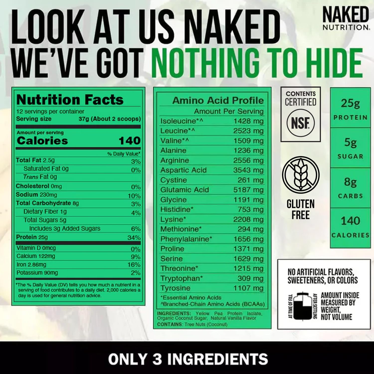 NAKED Pea - 5LB 100% Pea Protein Powder from North American Farms - Unflavored Vegan Pea Protein Isolate - NSF Certified, Plant Protein Powder, Easy to Digest - 76 Servings
