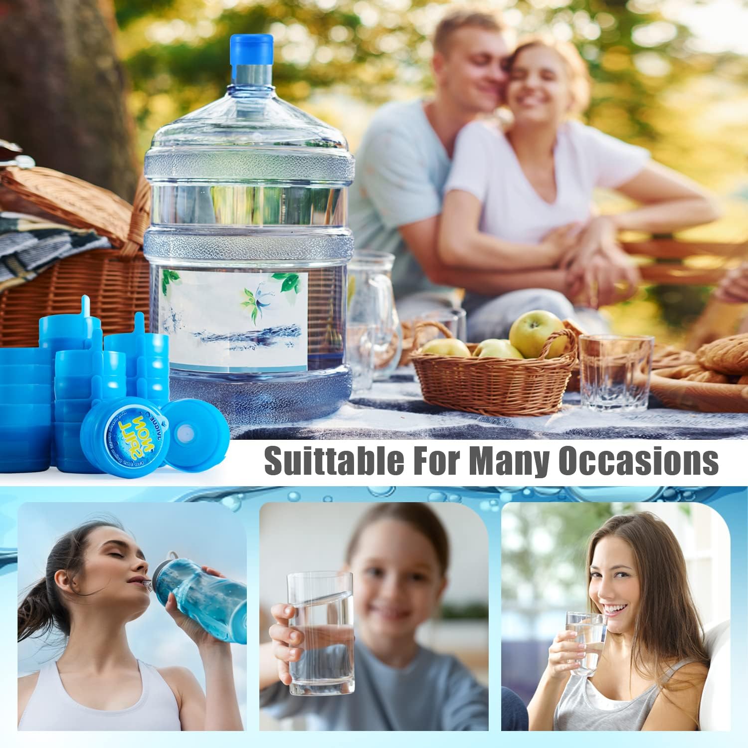 3 & 5 Gallon Water Jug Cap Replacement Non Spill Bottle Caps Pack of 20 | Anti Splash Peel, 5 gallon water bottles caps