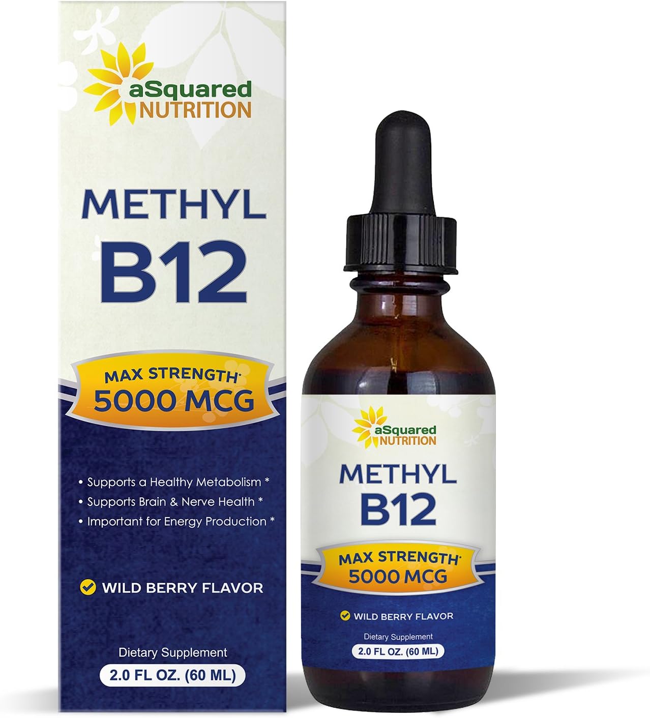 aSquared Nutrition Vitamin B12 Sublingual Liquid Drops - 5000 MCG Supplement with Methylcobalamin (Methyl B-12) - Max Absorption B 12 to Increase