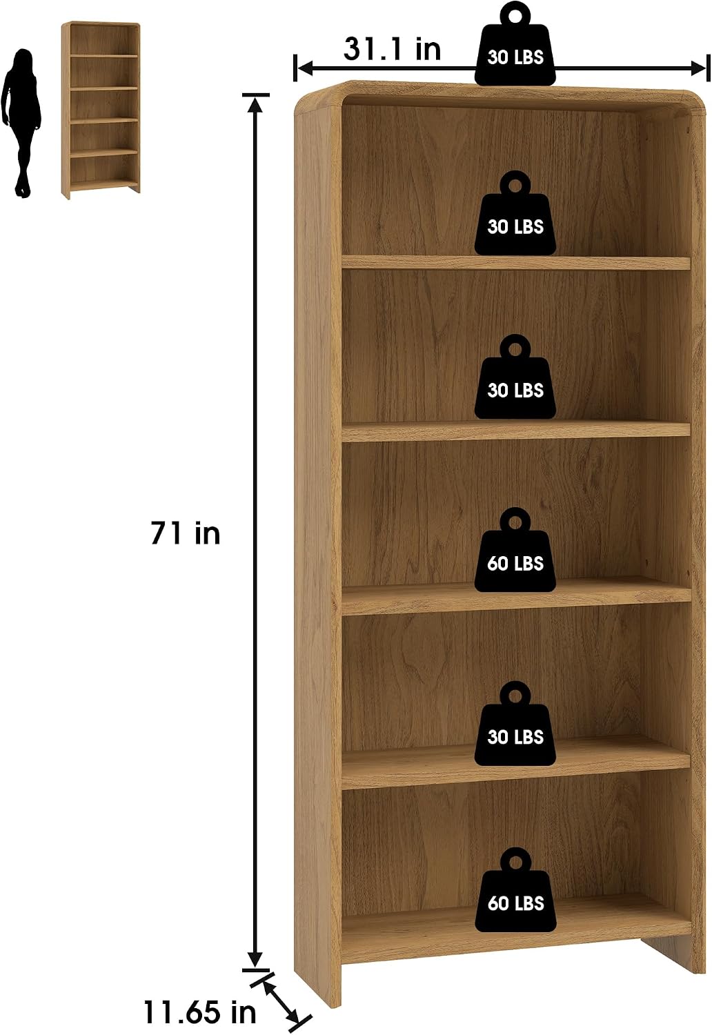 Bevfint 44" Bookcase Tall 3 Shelves Wood Bookshelf with Curved Soft Edges, Heavy Duty Storage Cabinet for Professional Home Office and Living Room, Modern Natural Oak Grain Finish