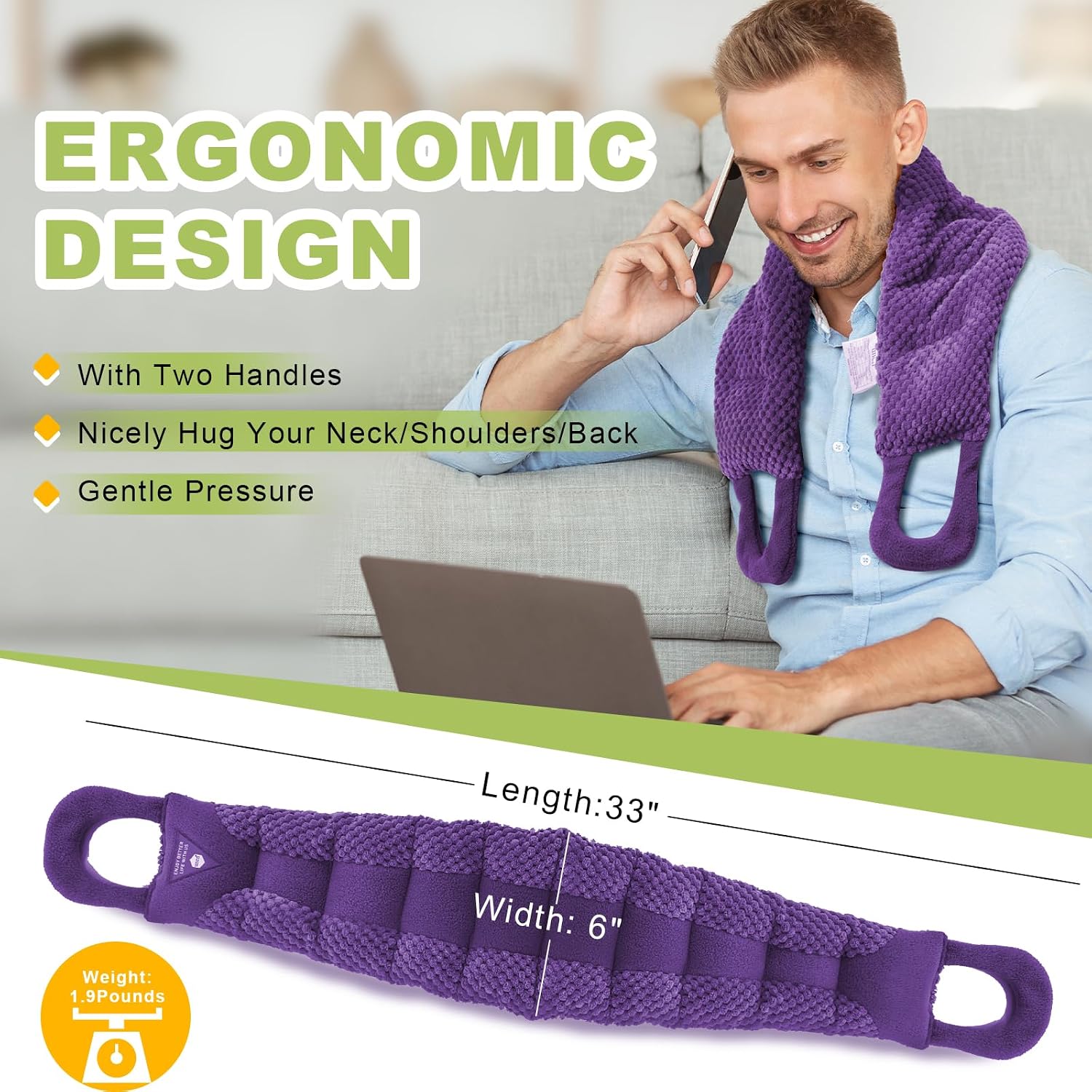 UNCN Long Wide Heating Pad for Neck and Shoulders Back 33x5.9 Microwavable Large Moist Heat Pack Warm Hot Compress Neck Wrap Weighted Bag Massage