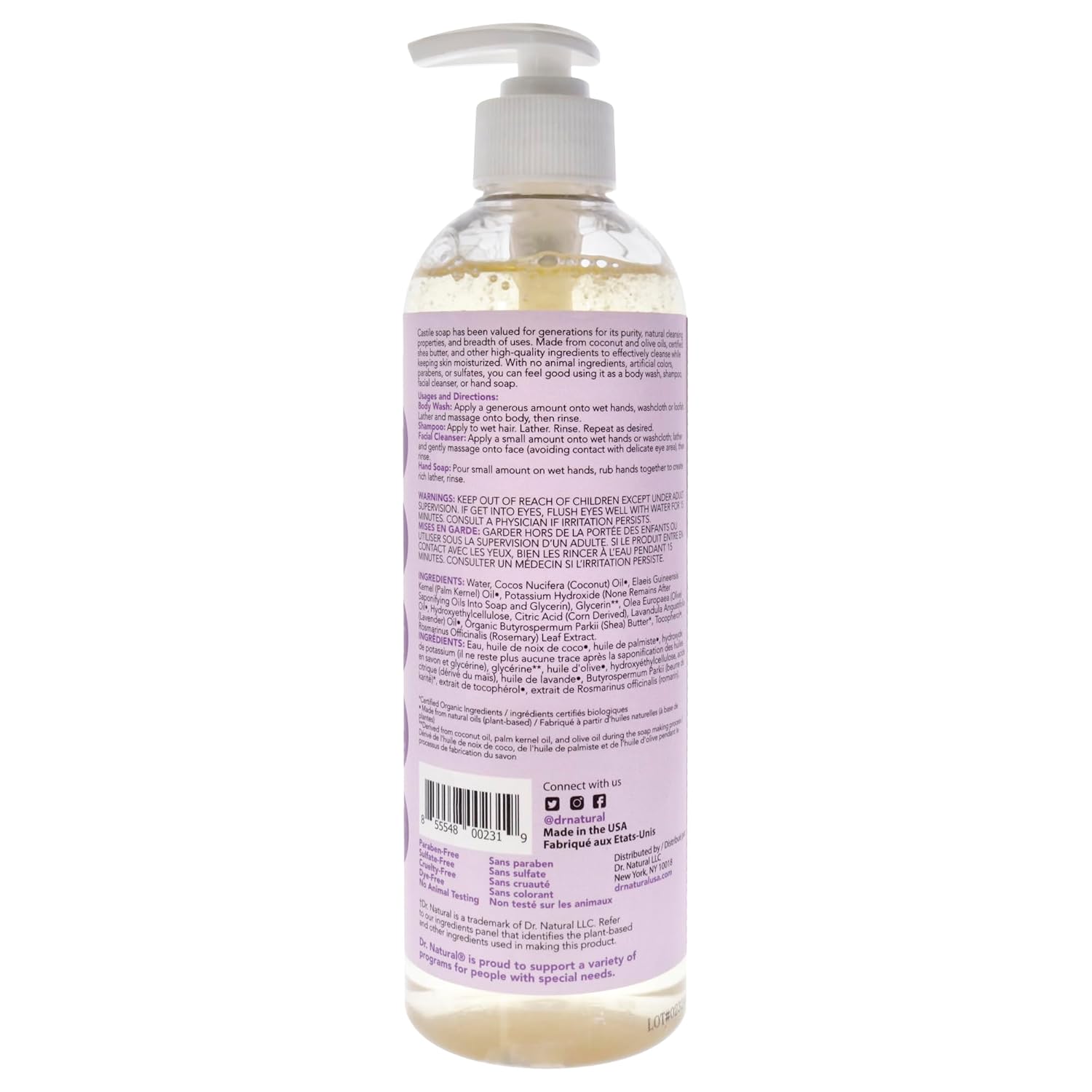 Dr. Natural Castile Liquid Soap - Multi-Use Body Wash, Shampoo and Face Wash - Hydrating Body Soap for Skin, Hair, Pets and Home - Eucalyptus - 32 oz
