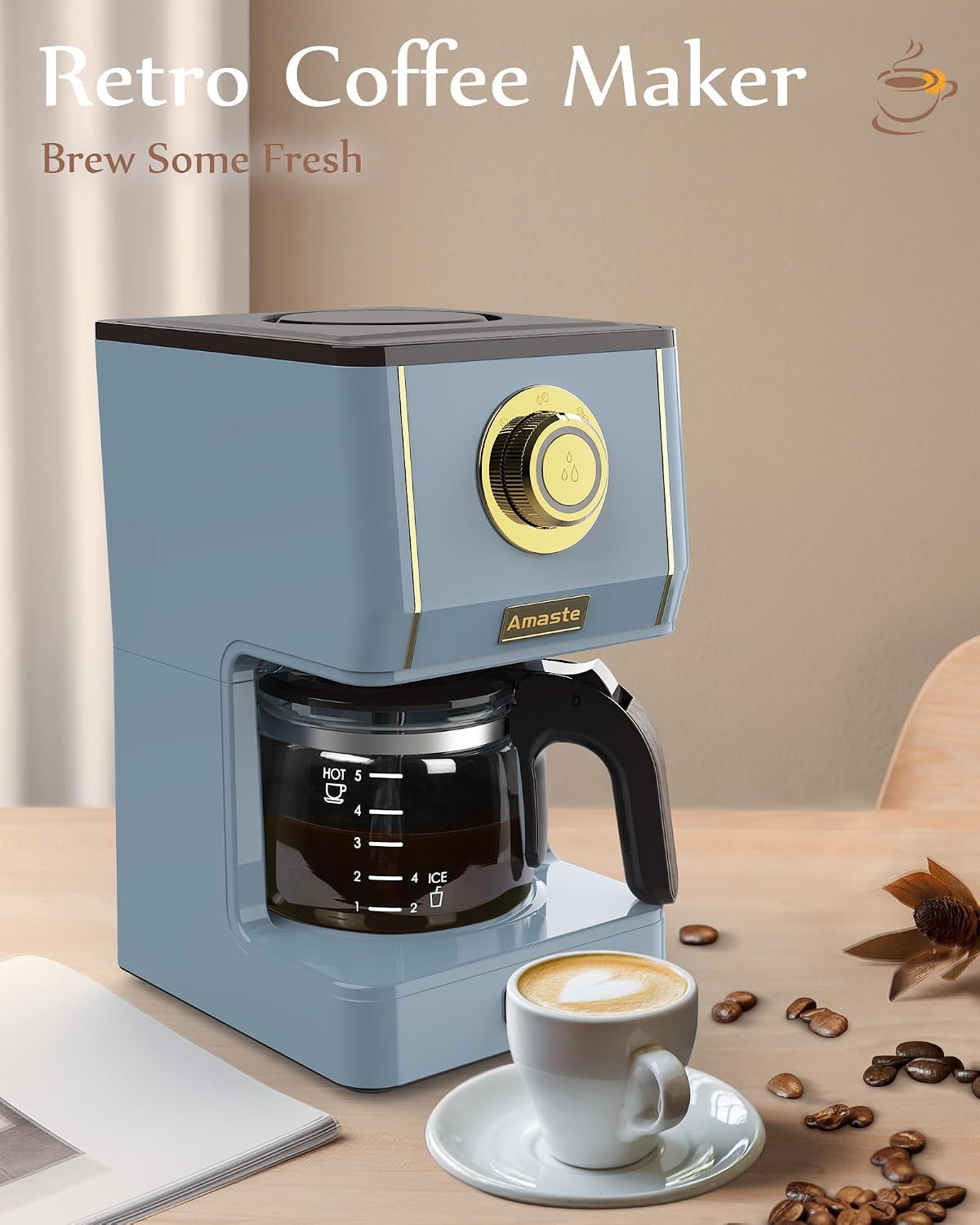 Amaste Drip Coffee Maker, Coffee Machine with 25 Oz Glass Coffee Pot, Retro Style Coffee Maker with Reusable Filter & Three Brewing Modes