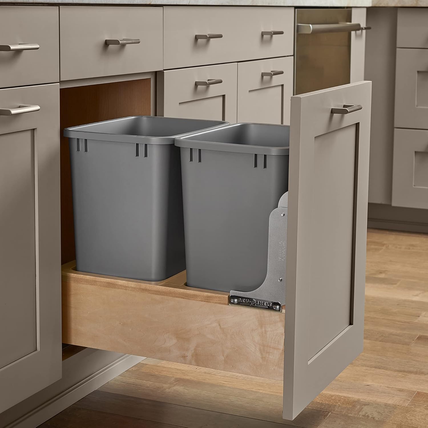 Rev-A-Shelf 35 Qt Bottom Mount Single Pullout Under Cabinet Kitchen Trash Cans for Base Cabinets, 150 Pound Rated Full-Extension Slides, Min Opening Width of 11.5", Silver, 4WCBM-15DM-1