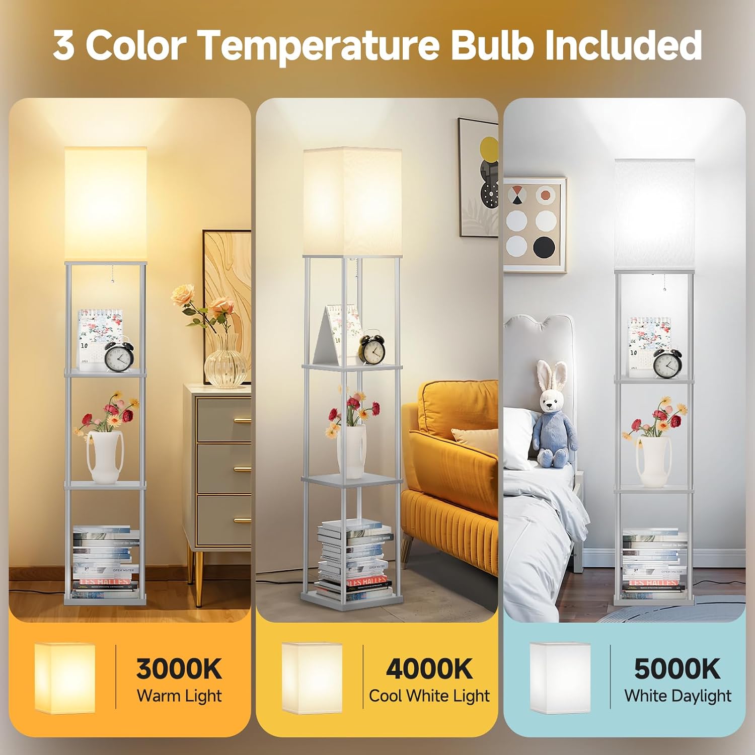 SHINE HAI Floor Lamp with Shelves, 3-Tier Square Modern Shelf Lamp