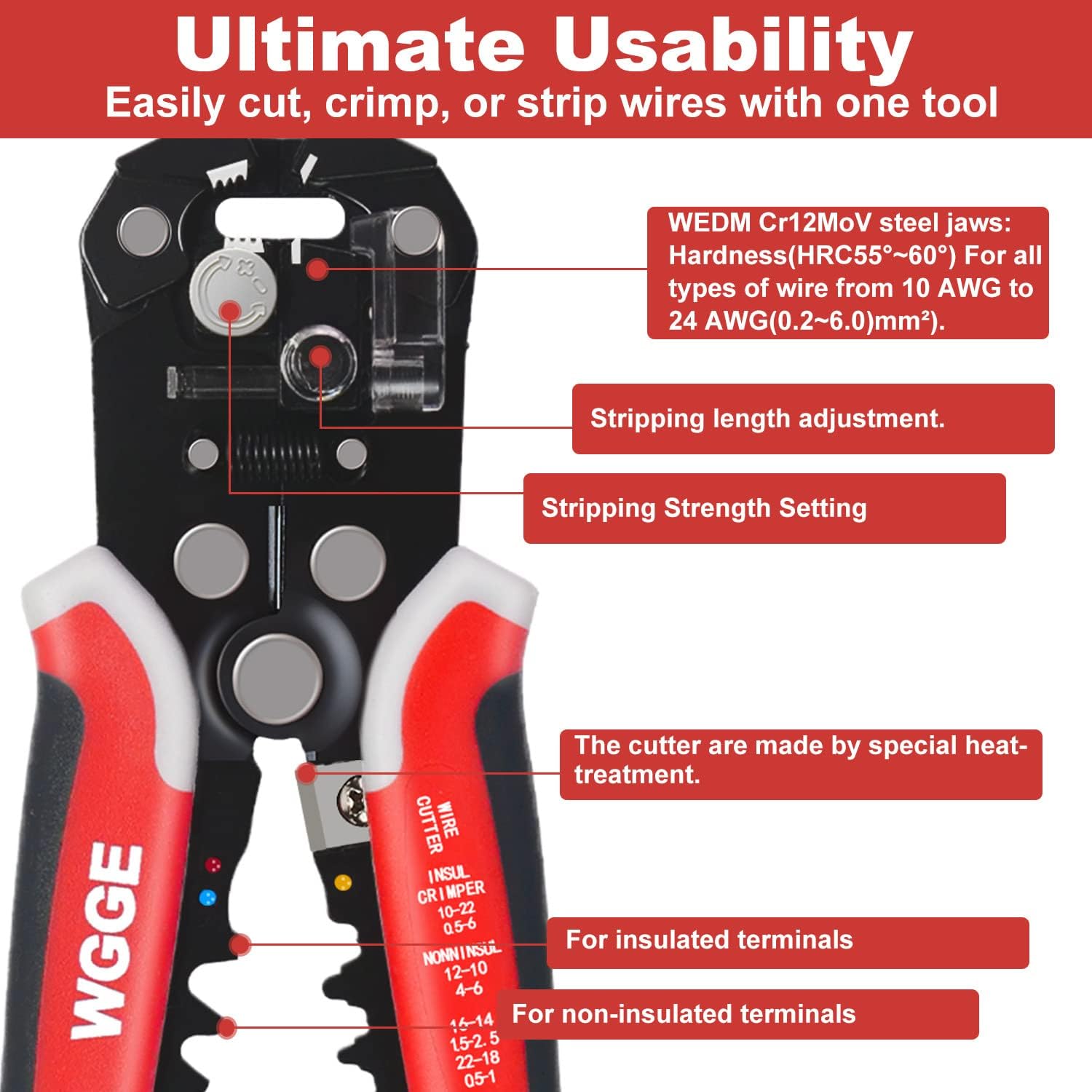 WGGE WG-014 Self-Adjusting Insulation Wire Stripper. For stripping wire from AWG 10-24, 3 in 1 Automatic Wire Stripping Tool/Cutting Pliers Tool