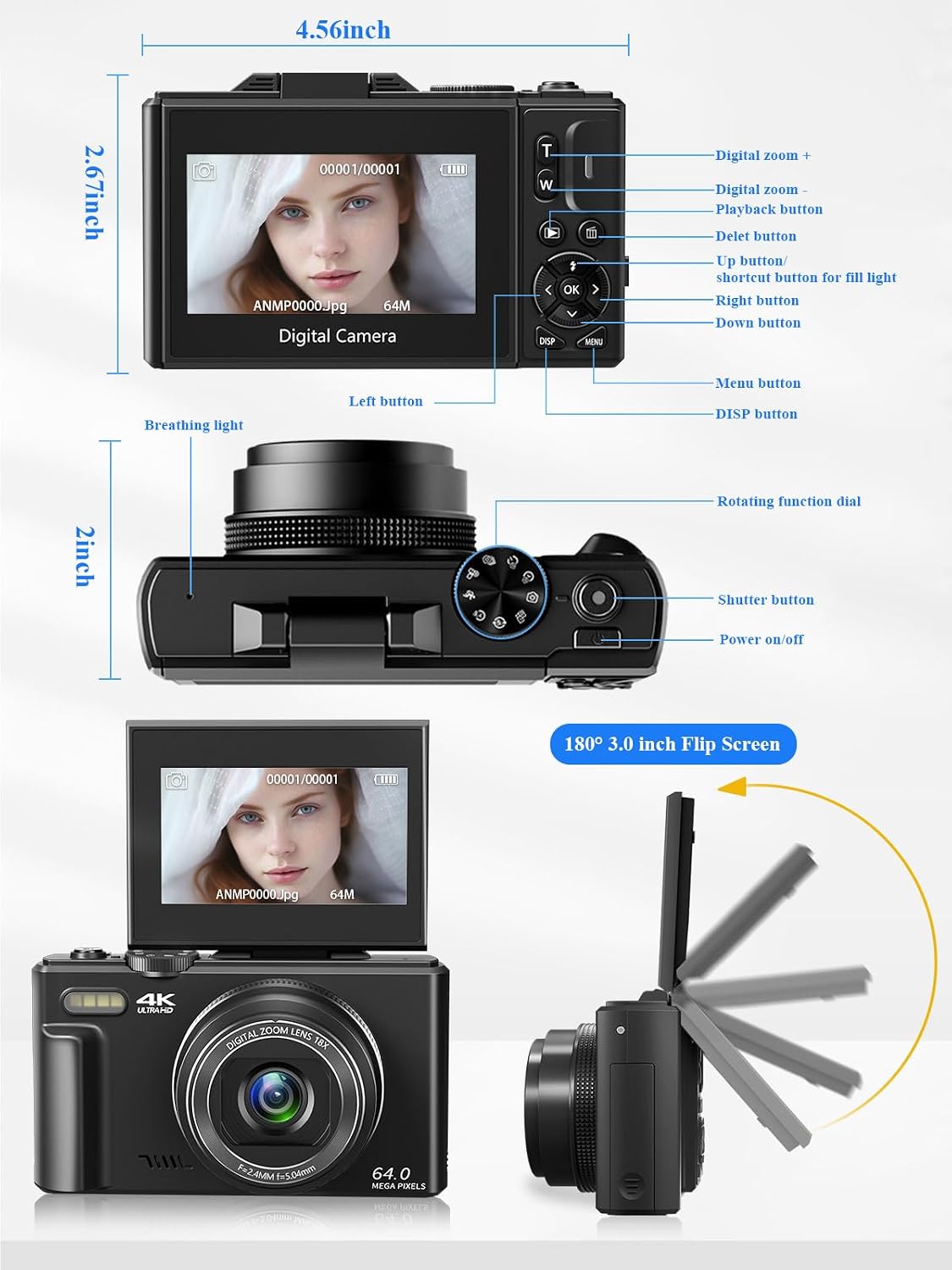 4K Digital Camera for Photography, 64MP Vlogging Camera for YouTube, WiFi Vlog Cameras with 18X Digital Zoom, 3'' Flip Screen and 32GB TF Card, Pink