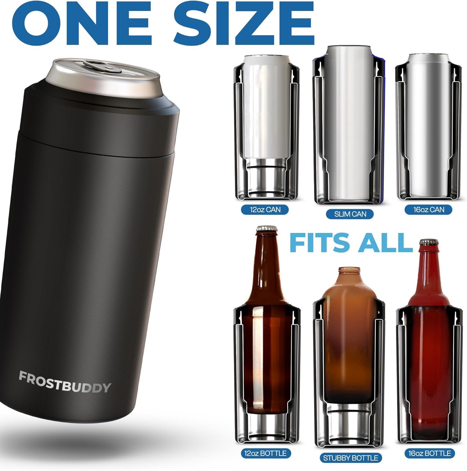 Frost Buddy Universal Can Cooler - Fits Slim Cans, 12 & 16oz (MatteBlack)