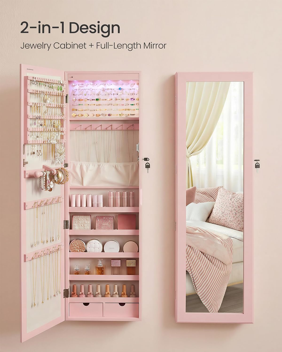 SONGMICS 6 LEDs Mirror Jewelry Cabinet, 47.2-Inch Tall Lockable Wall or Door Mounted Jewelry Armoire Organizer with Mirror, 2 Drawers, 3.9 x 14.6 x 47.2 Inches, White UJJC93W