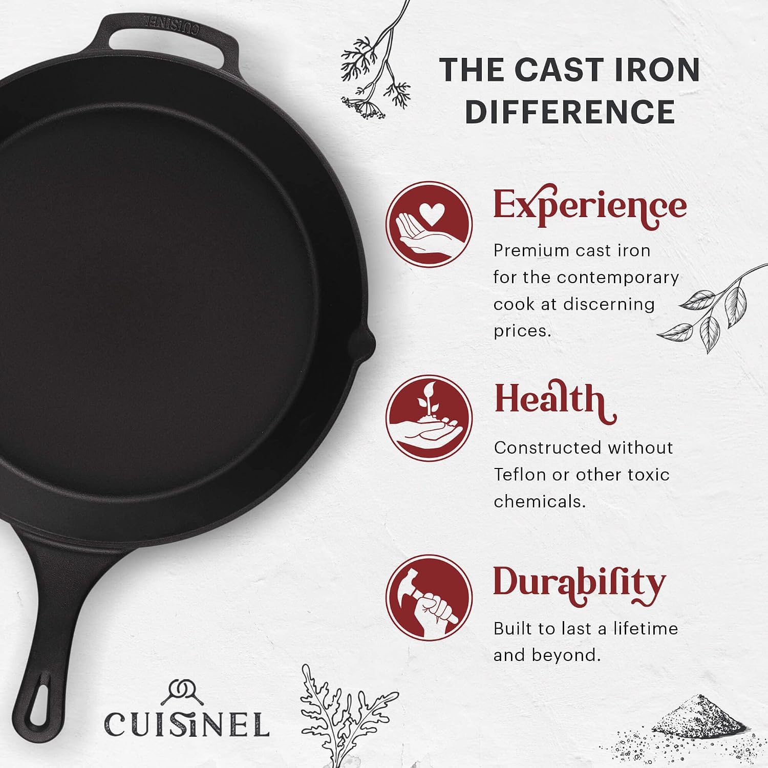 Cast Iron Skillet - 10"-Inch Frying Pan with Pour Spouts + Pan Scraper + Silicone Grip Handle Cover Holder - Pre-Seasoned Oven Cookware - Indoor/Outdoor Use - Stovetop, Induction. PFAS and PFOA-free