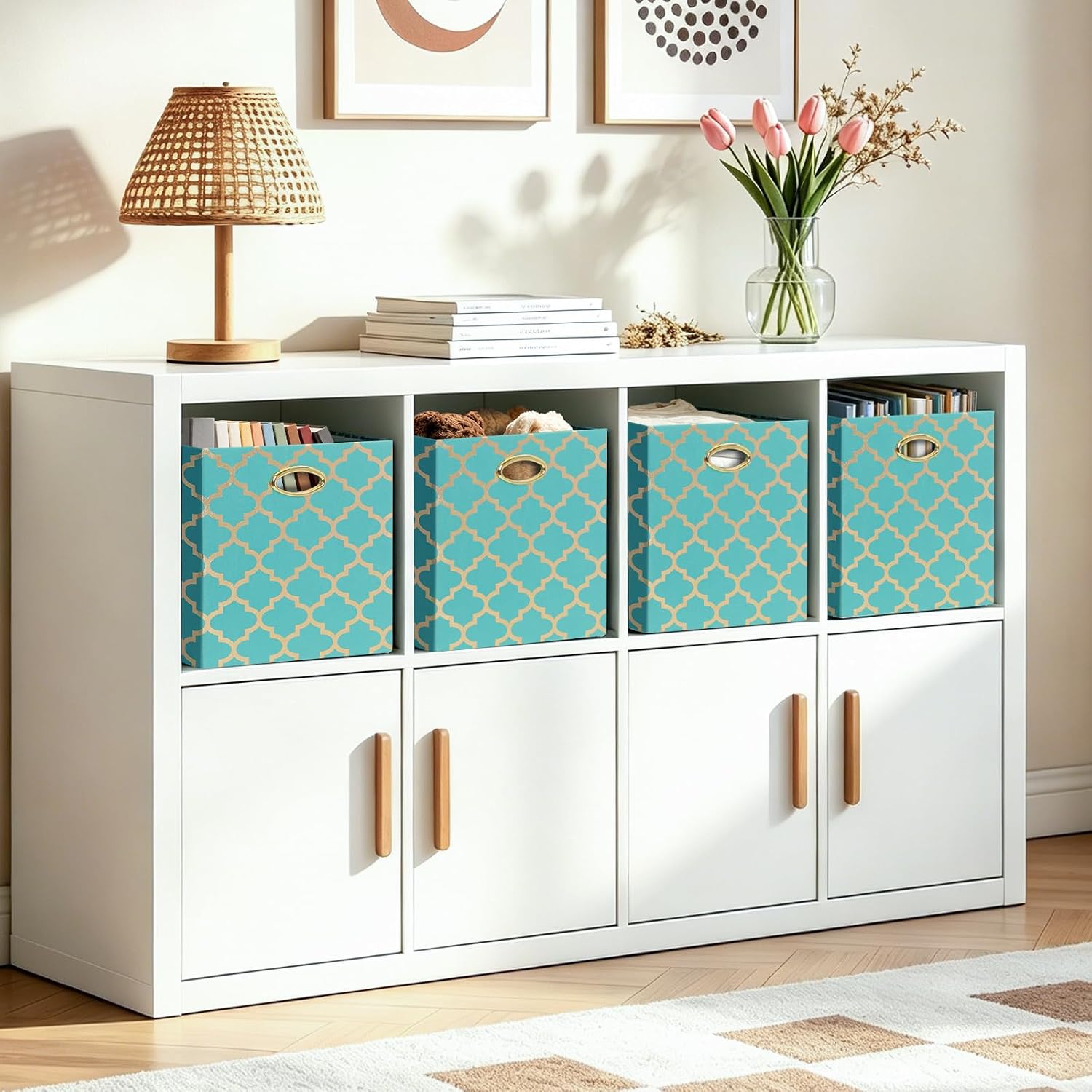 Posprica Storage Bins, Storage Cubes,13×13 Fabric Drawers Organizer Basket Boxes Containers (13×13×13/4pcs, Cream/gold geometry Pattern)