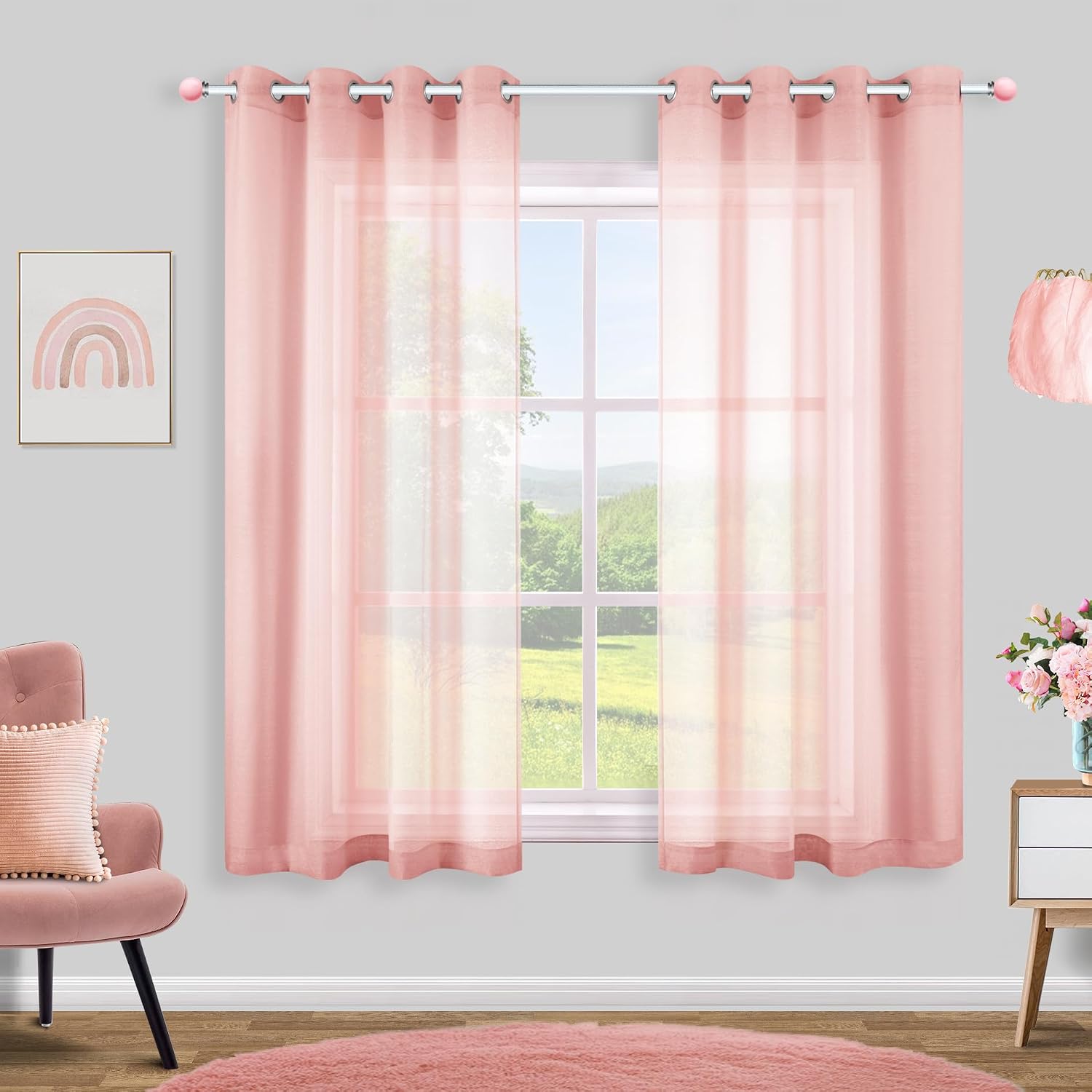 KOUFALL White Sheer Curtains 72 Inches Long for Bedroom Set of 2 Panels Grommet Faux Linen Window Voile Semi Baisc Decorative Sheer Curtains for
