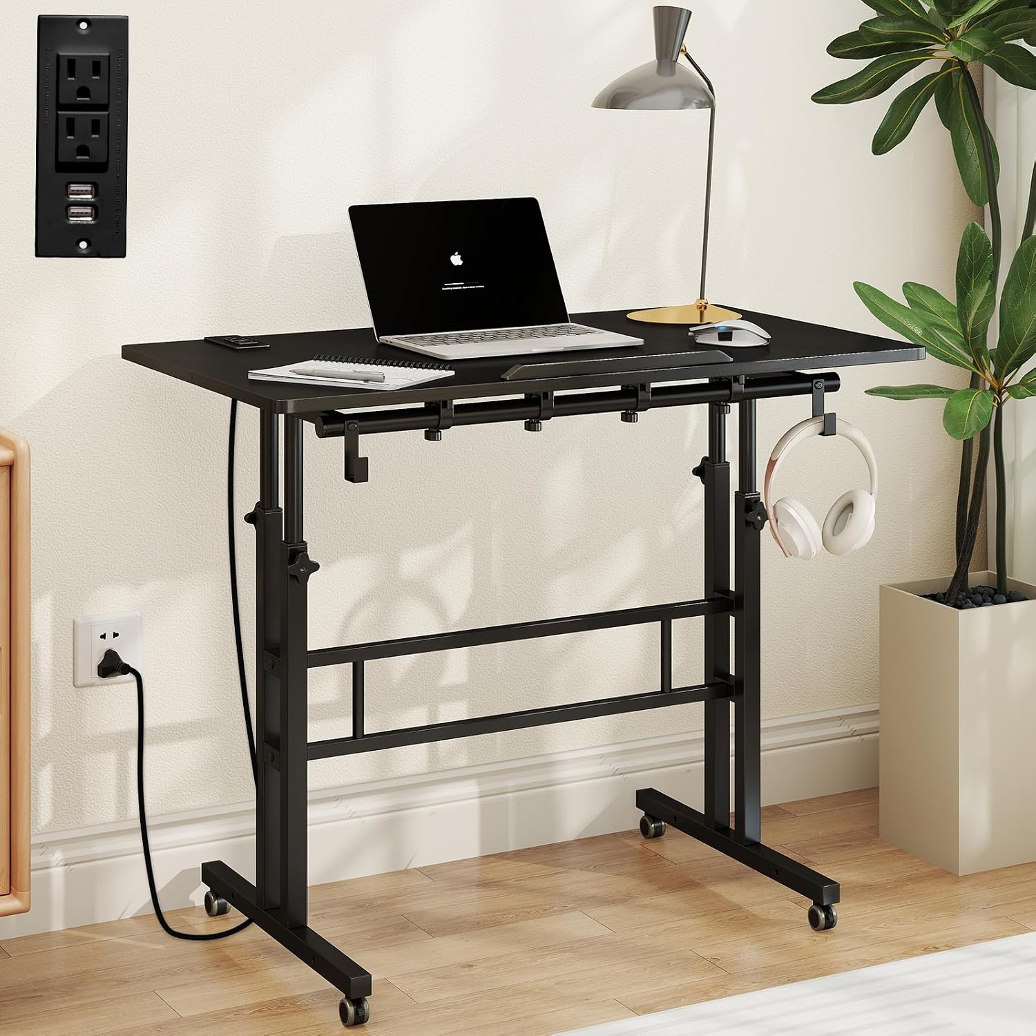 SIDUCAL Mobile Standing Desk, Portable Stand Up, Small Adjustable Converter with Wheels Home Office Workstation, Rolling Desk Laptop Cart for Standing or Sitting, Black