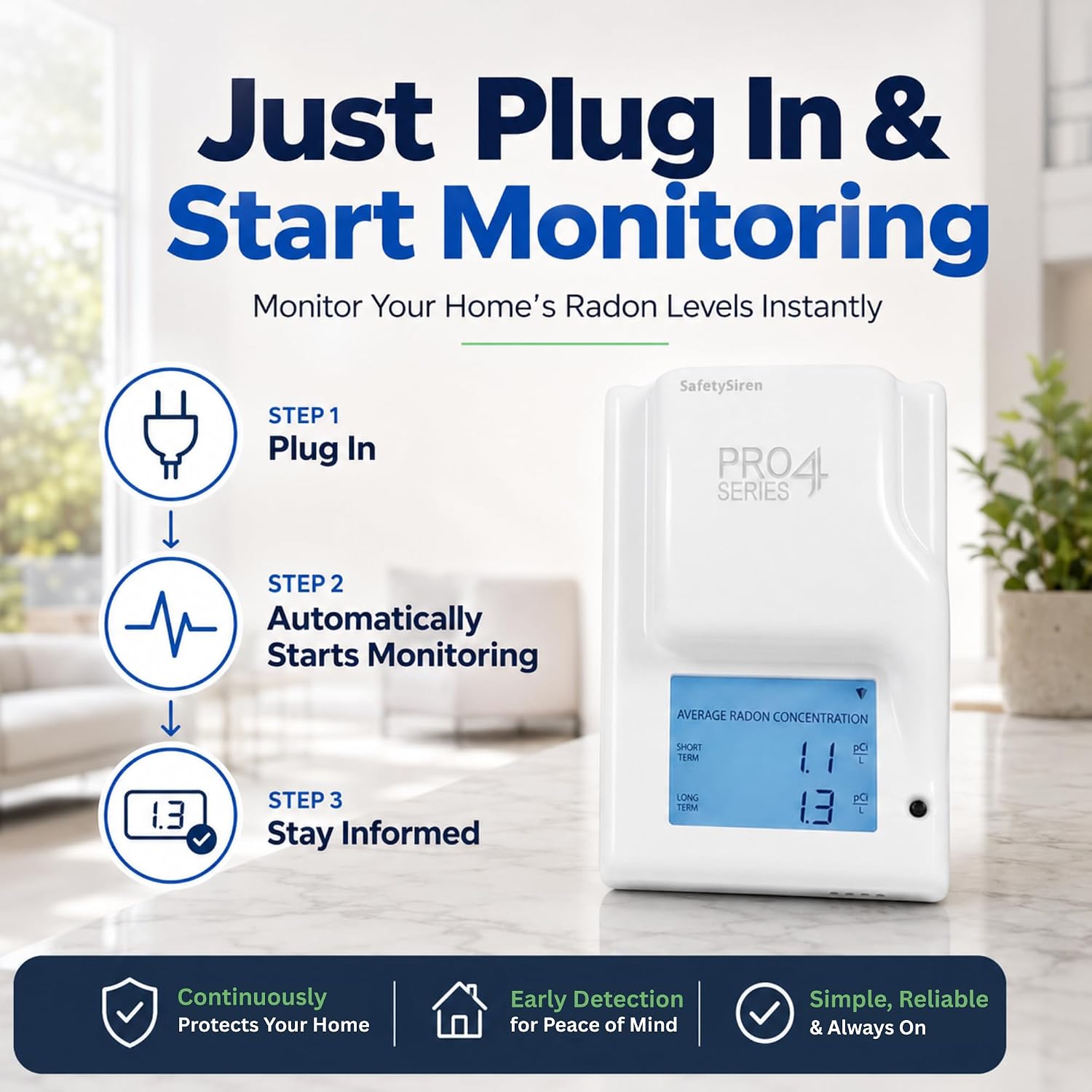 Safety Siren Pro Series 4 Plug-in Radon Detector for Home Basement