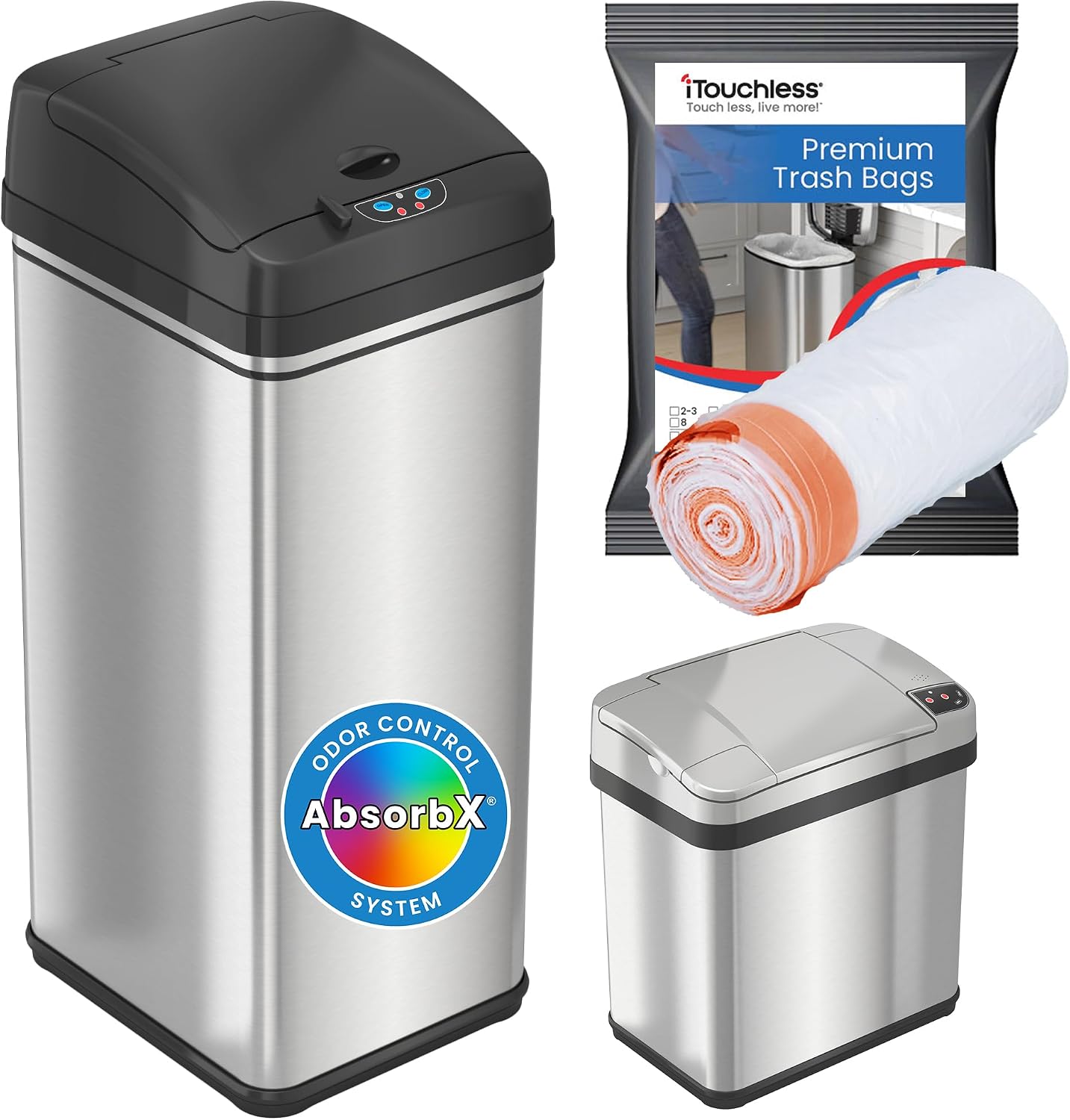 iTouchless 13 Gallon and 2.5 Gallon Automatic Touchless Sensor Kitchen Cans with Odor Control System, Stainless Steel, Includes 10 Premium Bags