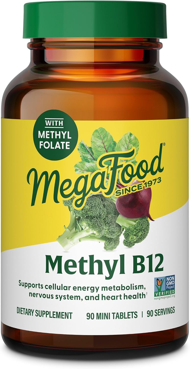 MegaFood Methyl B12, Cellular Energy Metabolism Support, 90 Mini Tablets | With Methylated B12, Methylfolate & Vitamin B6, Supports Brain & Nervous System Function & Heart Health, Vegan, 90 Servings