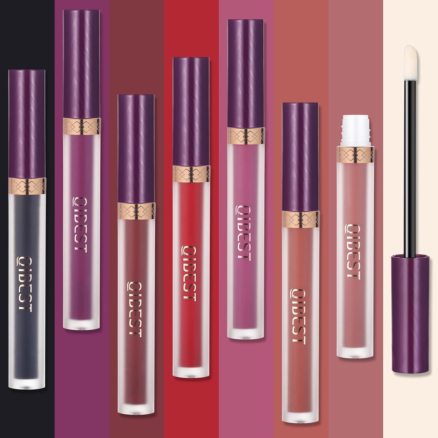 QiBest 7Pcs Matte Liquid Lipstick + 1Pcs Lip Plumper Makeup Set Kit, Pigmented Long Lasting Lip Gloss Set