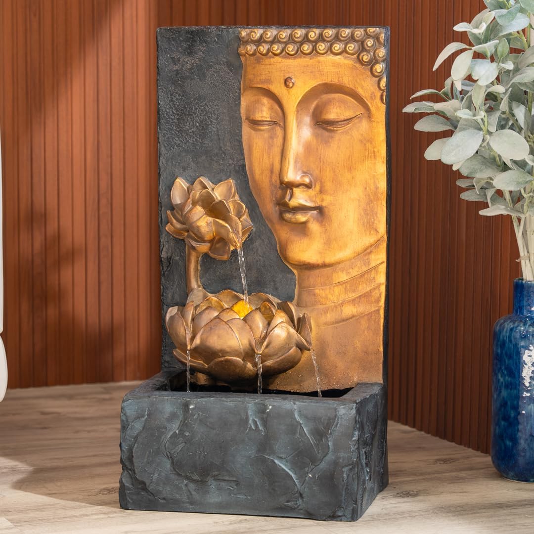 XBrand 30" H Zen Buddha Face Water Fountain w/LED Light & Pump, Indoor/Outdoor Freestanding, Relaxing Zen Décor