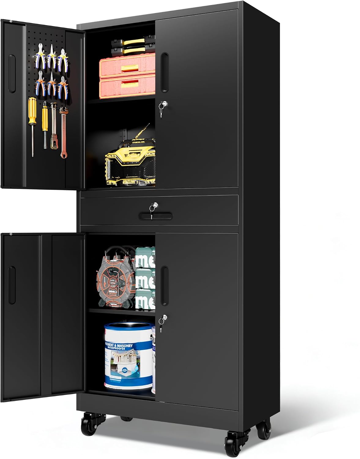 Metal Storage Cabinet for Garage, Tool Cabinet, Utility Cabinet | Wheeled, Rolling Tool Cabinet, 6 Drawers, Top Countertop, Pegboard, Assembly Required, Black