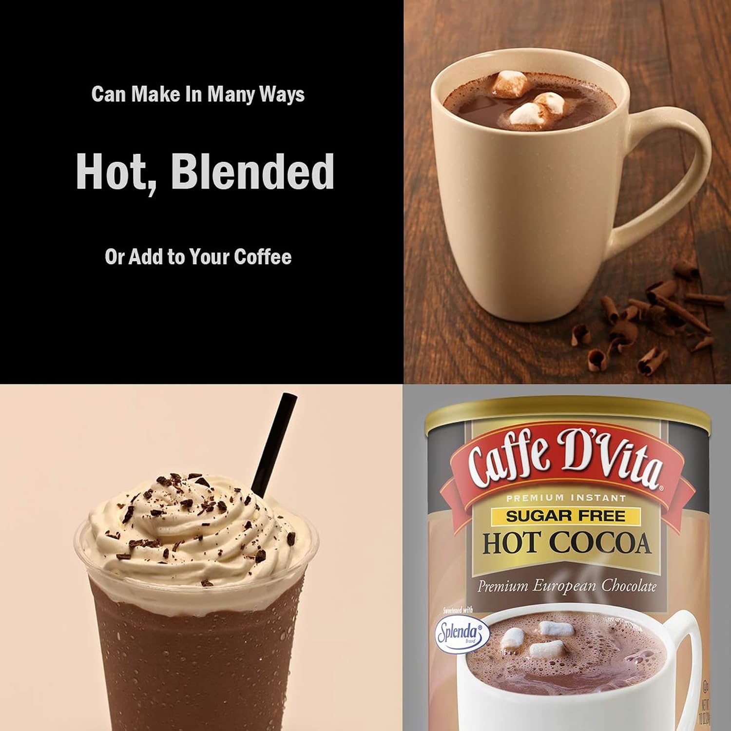 Caffe D'Vita Sugar Free Hot Cocoa Mix, Gluten Free - 10 Oz Can | Hot Chocolate Mix, Low Fat, No Cholesterol, No Hydrogenated Oils or Trans Fat, Kosher, Cocoa Bulk