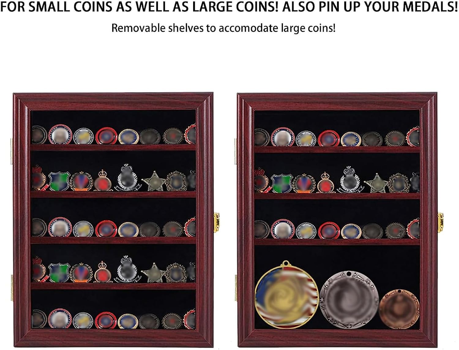 Jinchuan Military Challenge Coin Display Case Lockable Cabinet Rack Holder Shadow Box with Removable 2 Grooves Shelves and Anti Dust Door for Casino