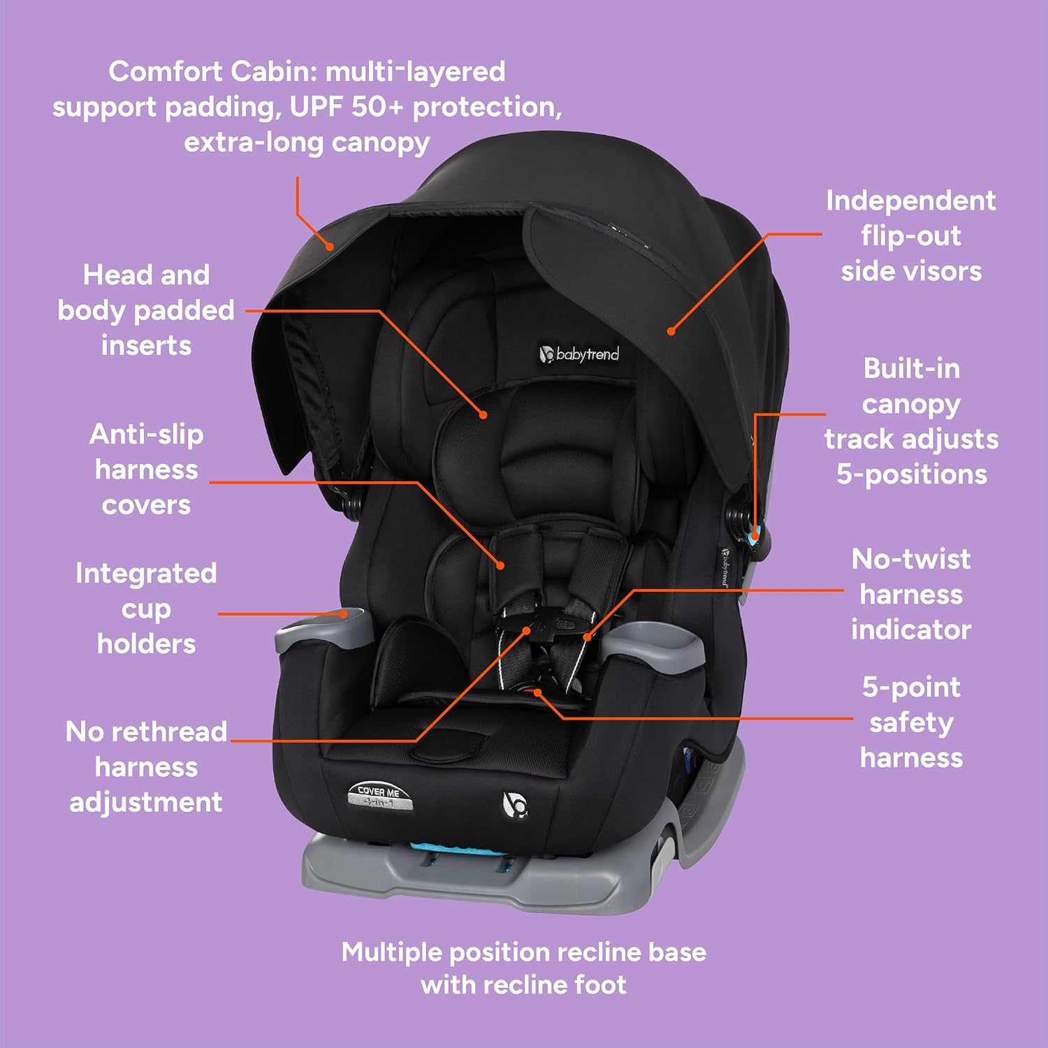 Baby Trend Cover Me™ 4-in-1 Convertible Car Seat, Vespa – Built-in Canopy, 4-Stage Growth System, Plush Comfort Padding, Multi-Position Recline