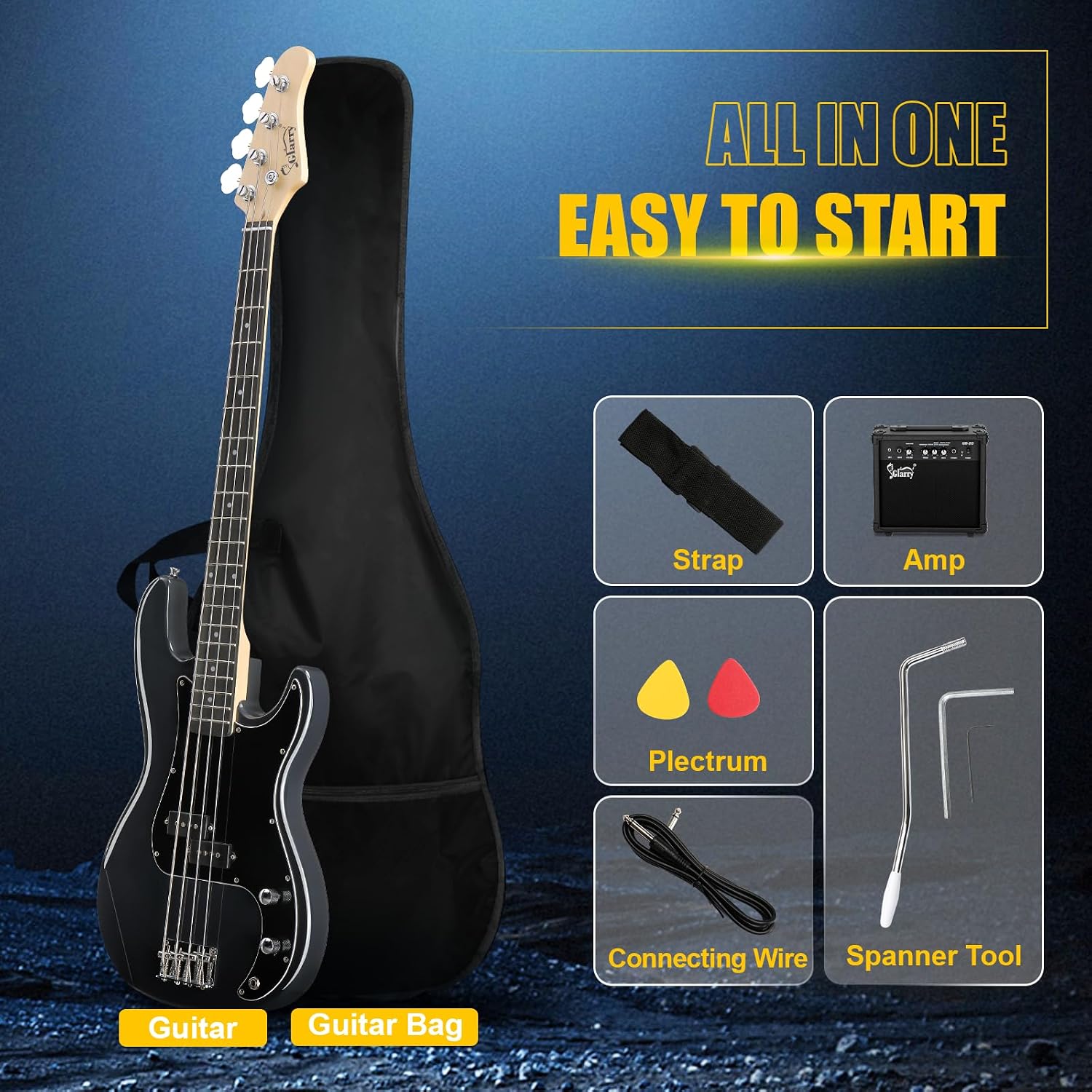 GLARRY Full Size Electric Bass Guitar Beginner Kit 4 String Exquisite Basswood Bass with 20W AMP, Cable, Strap, Bag and Accessories (Transparent Blue, 39"Right Handed)