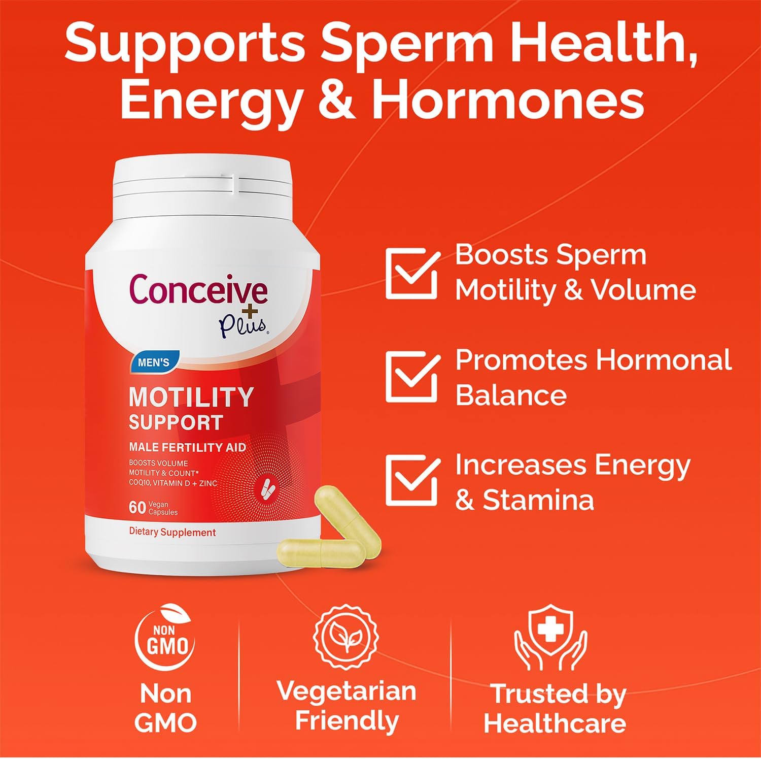 CONCEIVE PLUS Motility Support for Men, Male Fertility Supplement with L Carnitine, CoQ10 and Zinc, 60 Capsules
