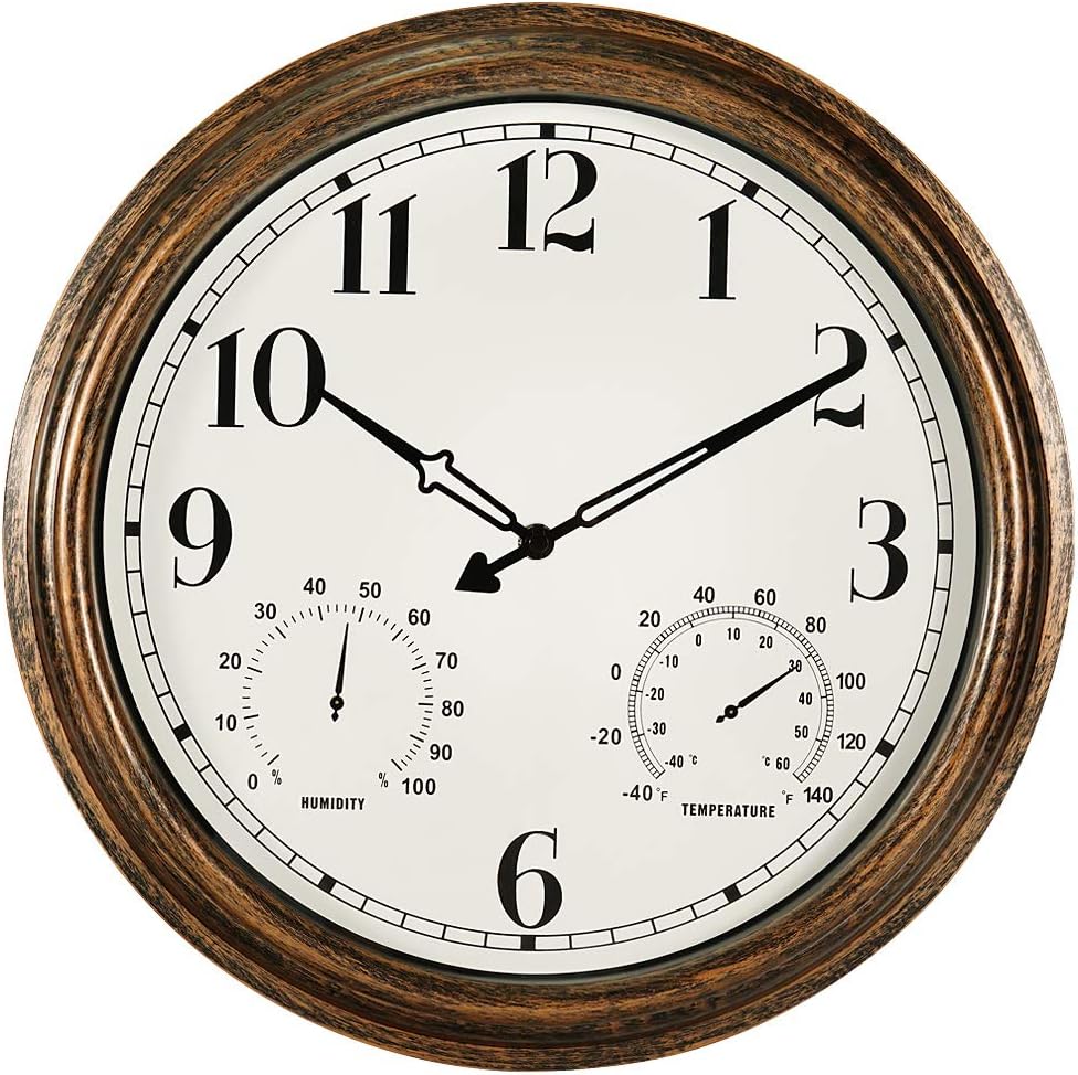 16 Inch Large Outdoor Wall Clock, Waterproof Vintage Non-Ticking Clock with Thermometer and Hygrometer Combo