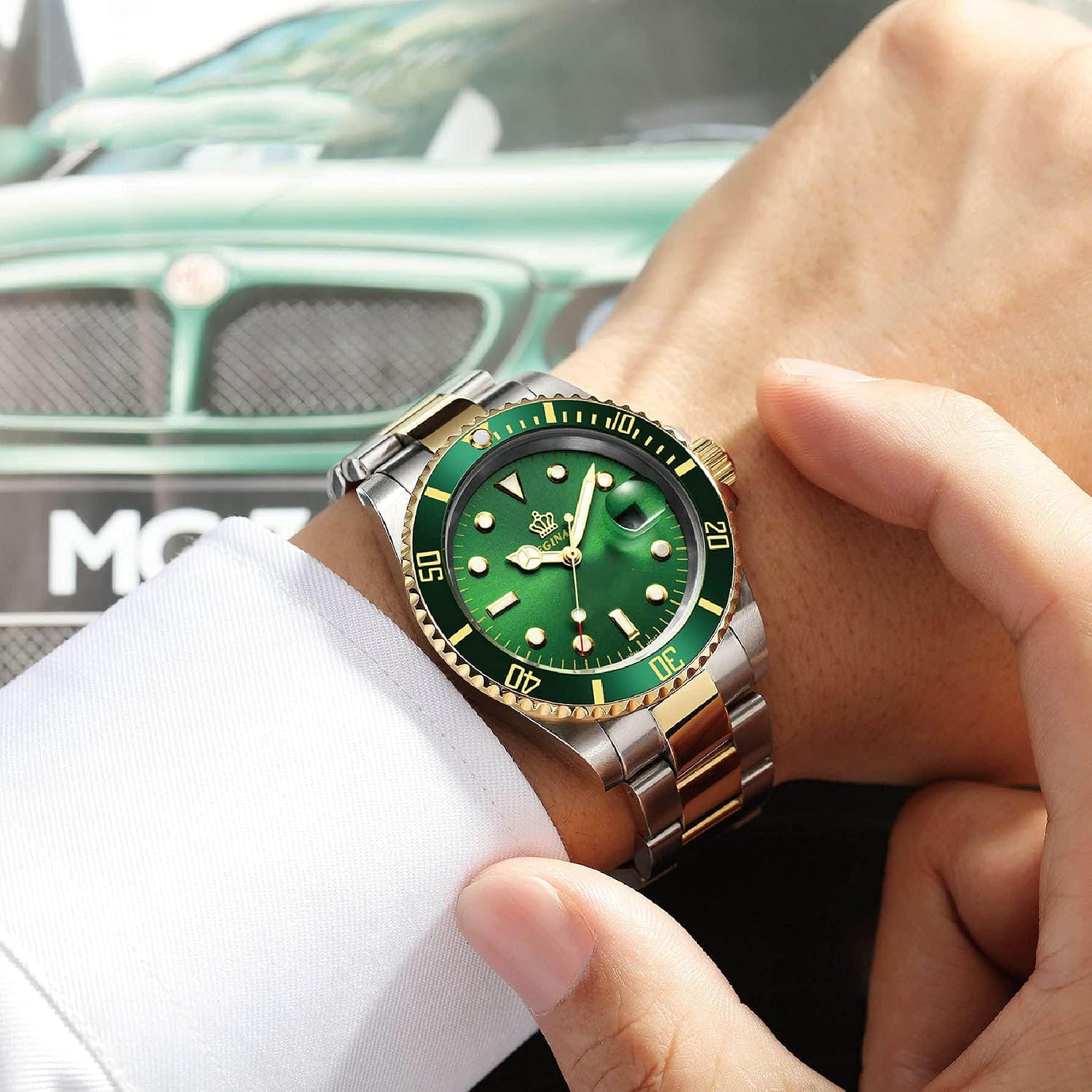 FANMIS Men's Two-Tone Stainless Steel Quartz Watch, Rotating Bezel and Date | Green Dial, Luminous Hands and Markers, Magnified Date Window, Fold-Over Safety Clasp, 30M Water Resistant for Everyday Wear.